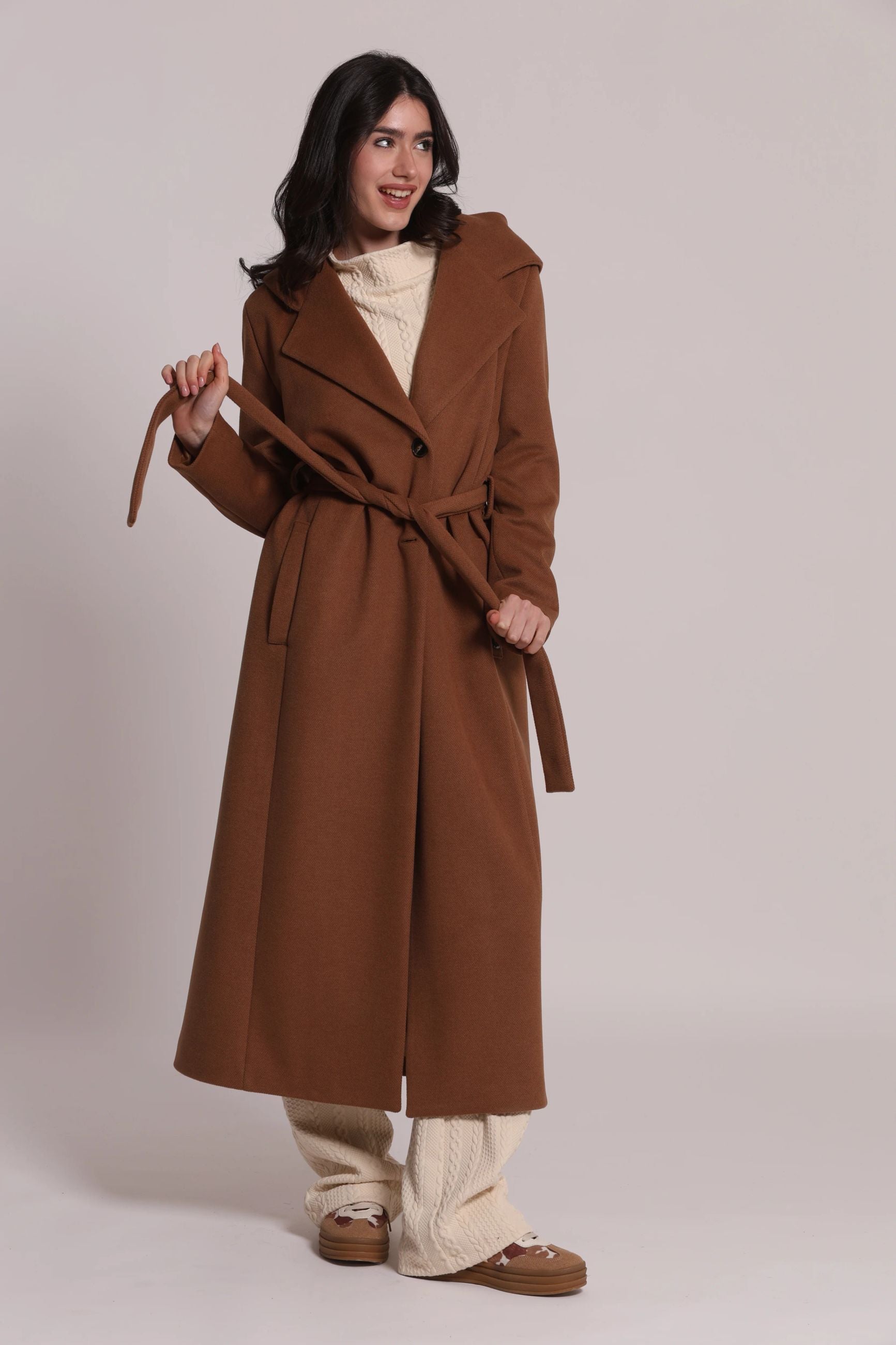 Cappotto Lungo Donna Mimì Muà con Cintura in Vita e Cappuccio