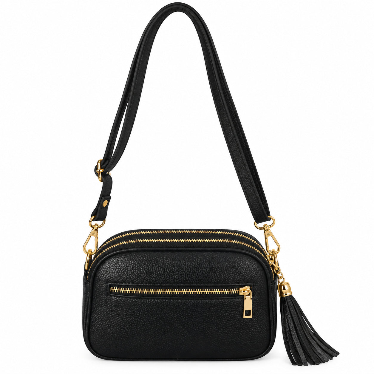 Borsa Donna a Tracolla Nera con Doppia Zip e Nappina