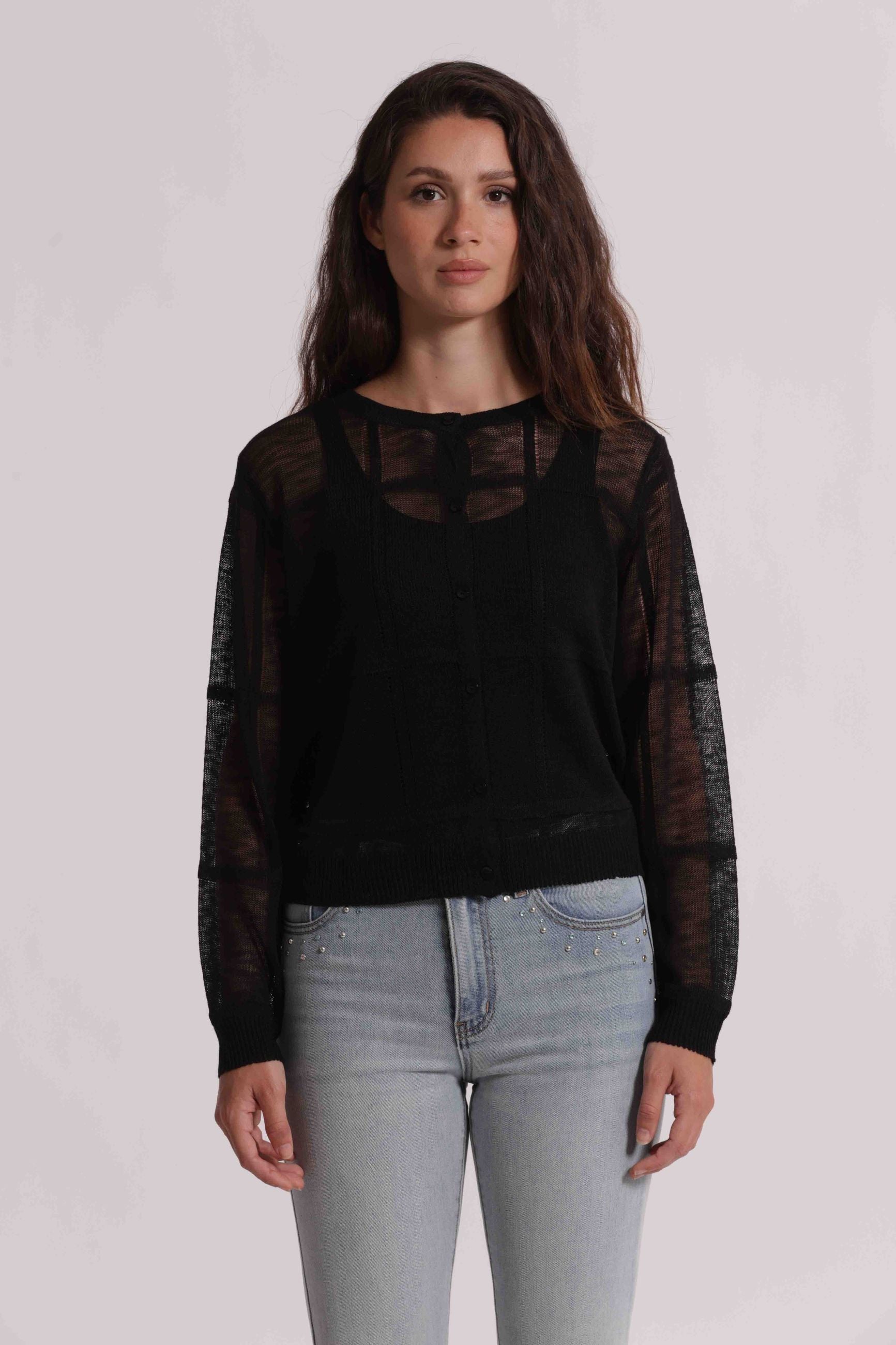 Mimi Mua cardigan donna in maglia trasparente con bottoni elegante Nero S | Giò Fashion