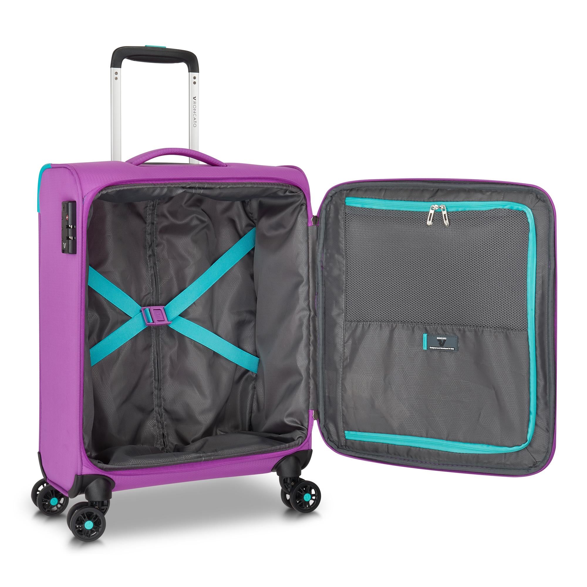 Trolley Roncato morbido con 4 ruote e chiusura TSA per viaggi pratici Viola TU | Giò Fashion