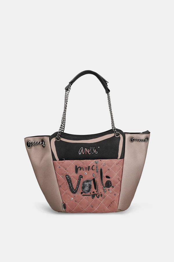 Borsa shopper Anekke con manici a catena e scritta Voilà