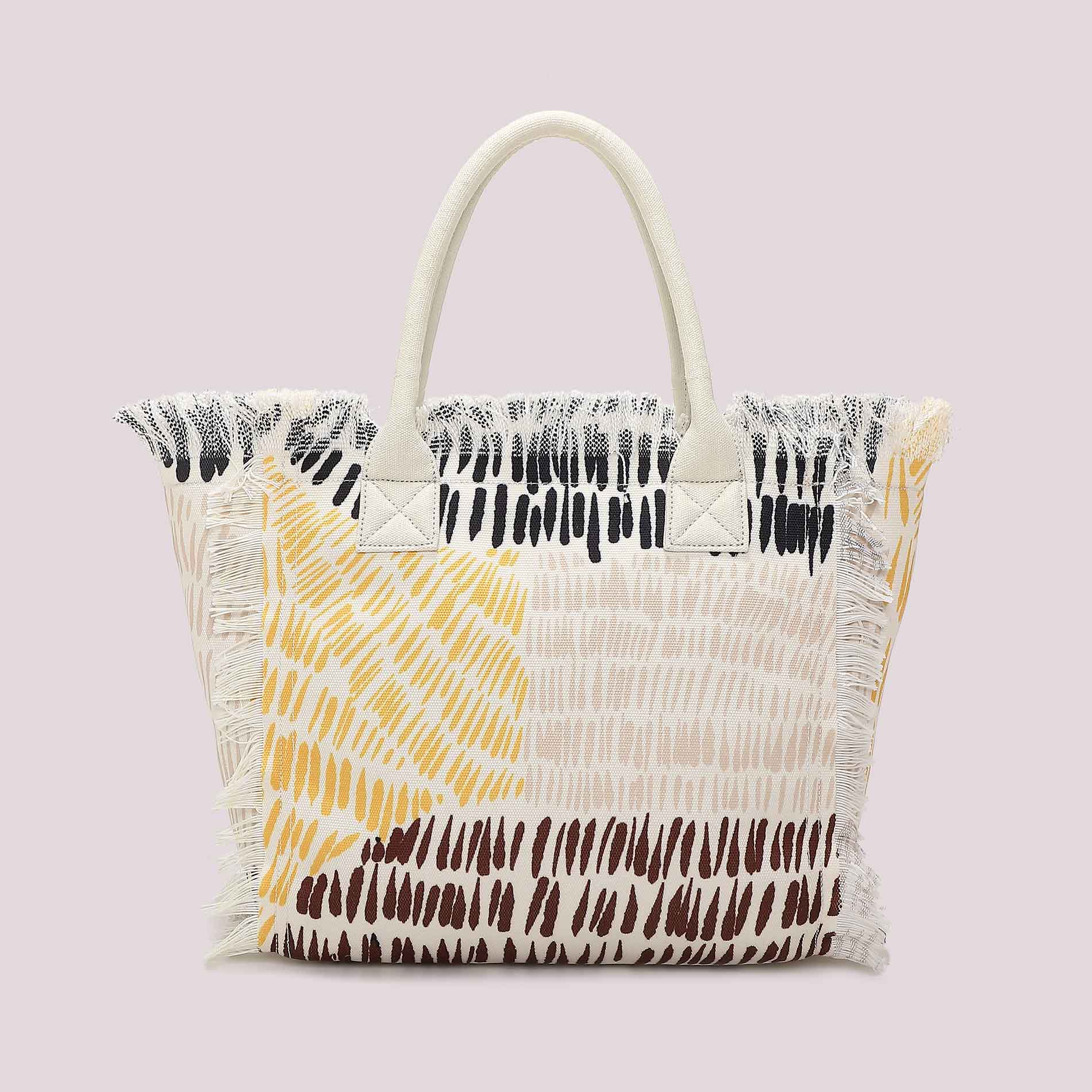 Mimi Mua borsa mare in tessuto con frange e stampa logo