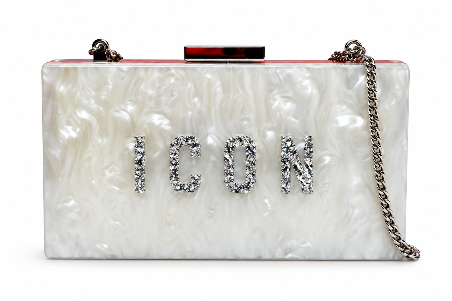 Pochette rigida effetto madreperla con logo strass e catena