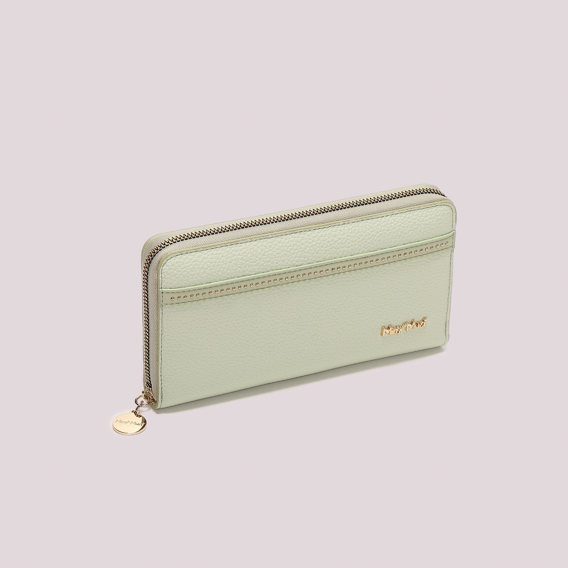 Portafoglio donna Mimi Mua zip around con borchie sottili stile elegante minimal VERDE ACQUA TU | Giò Fashion