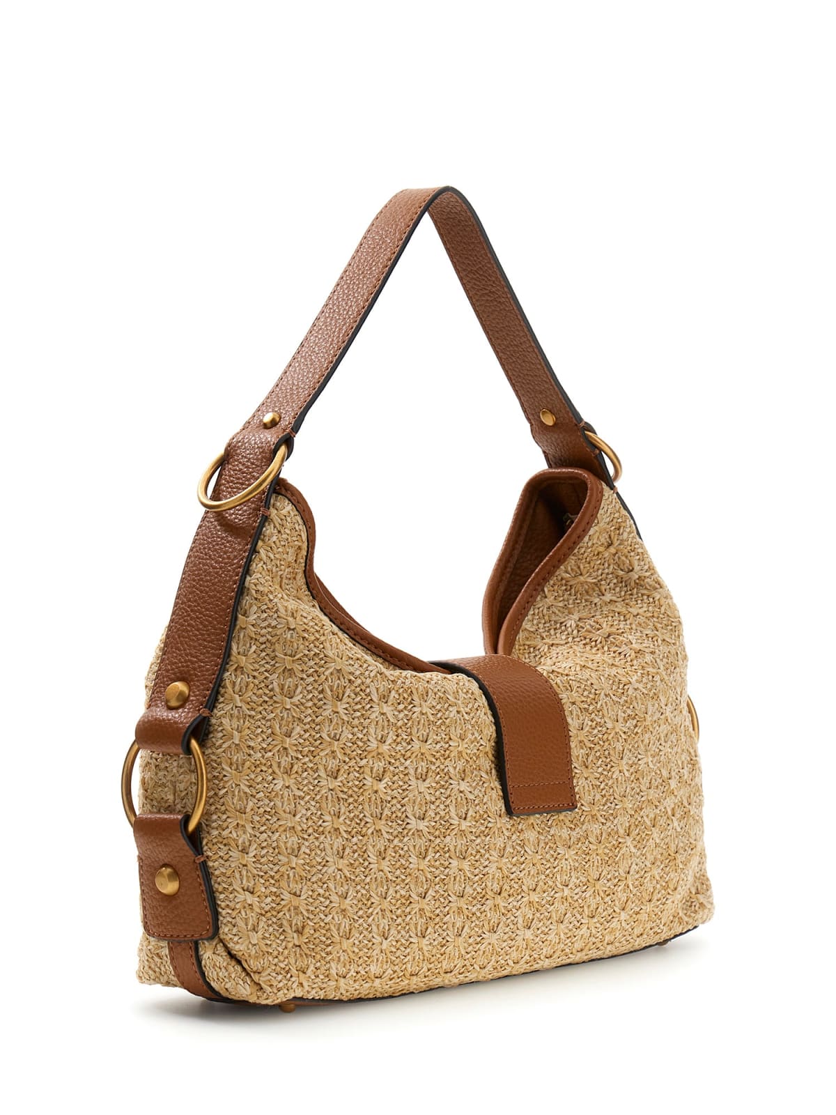Borsa a spalla Guess donna in rafia con dettaglio logo frontale NATURALE/COGNAC TU | Giò Fashion