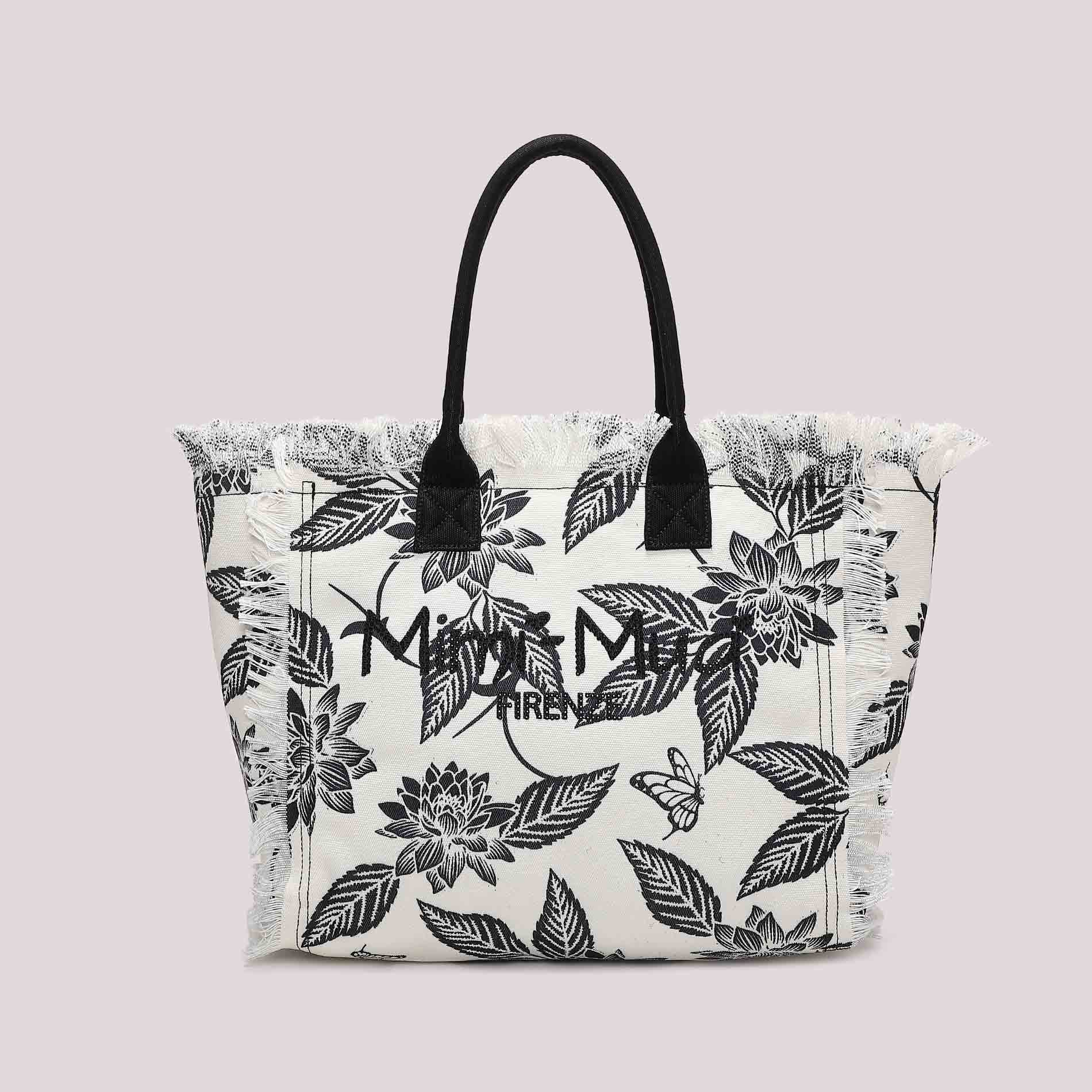Borsa shopping donna Mimi Mua Firenze in tessuto con stampa e frange laterali PANNA/NERO TU | Giò Fashion
