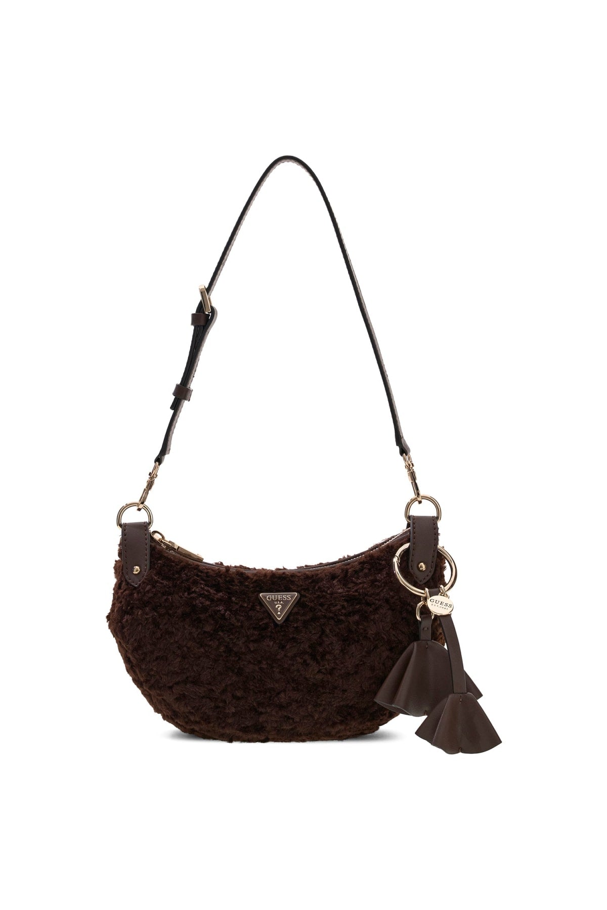 Borsa a Spalla Guess Effetto Teddy con Charm Decorativi e Zip