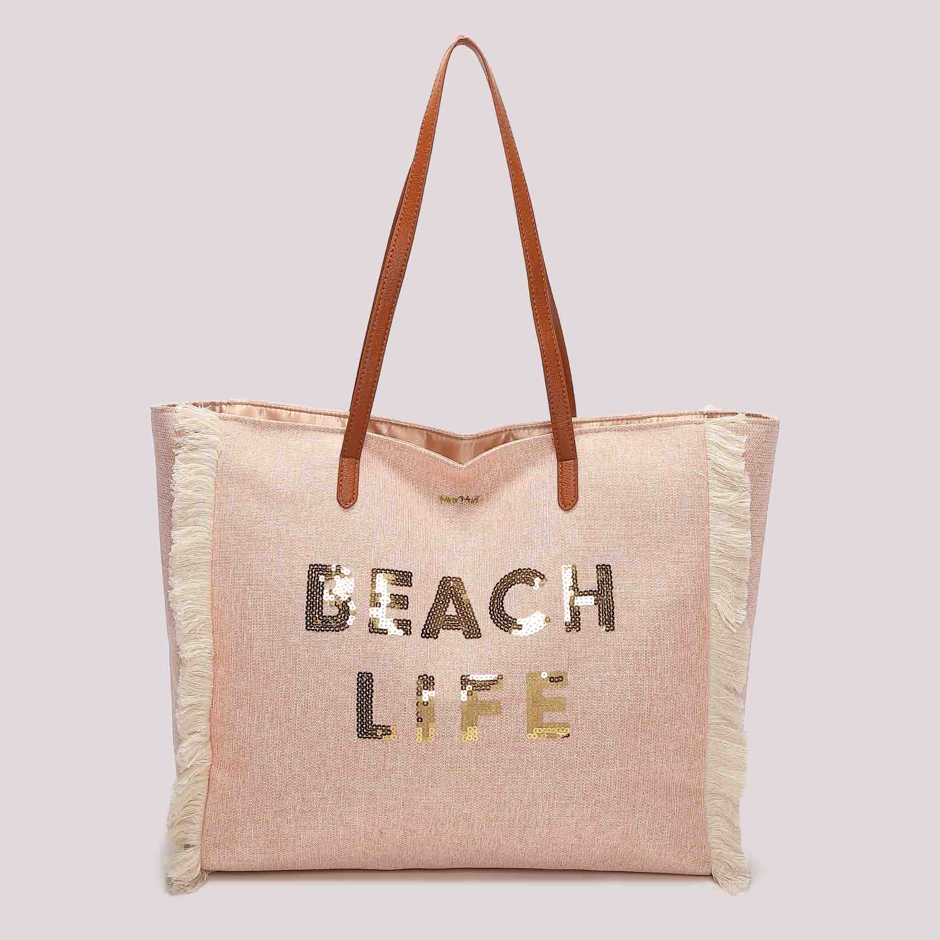 Mimi Mua shopper mare con scritta e paillettes
