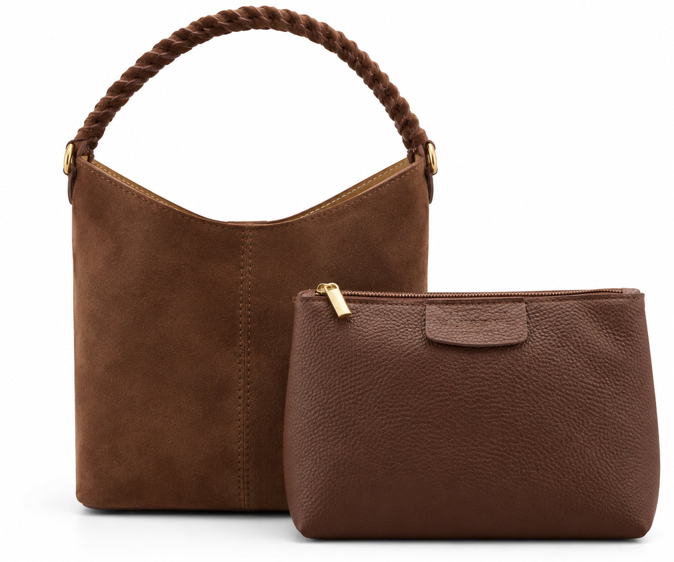 Borsa Vera Pelle in Camoscio Cuoio con Manico Intrecciato, Tracolla e Pochette