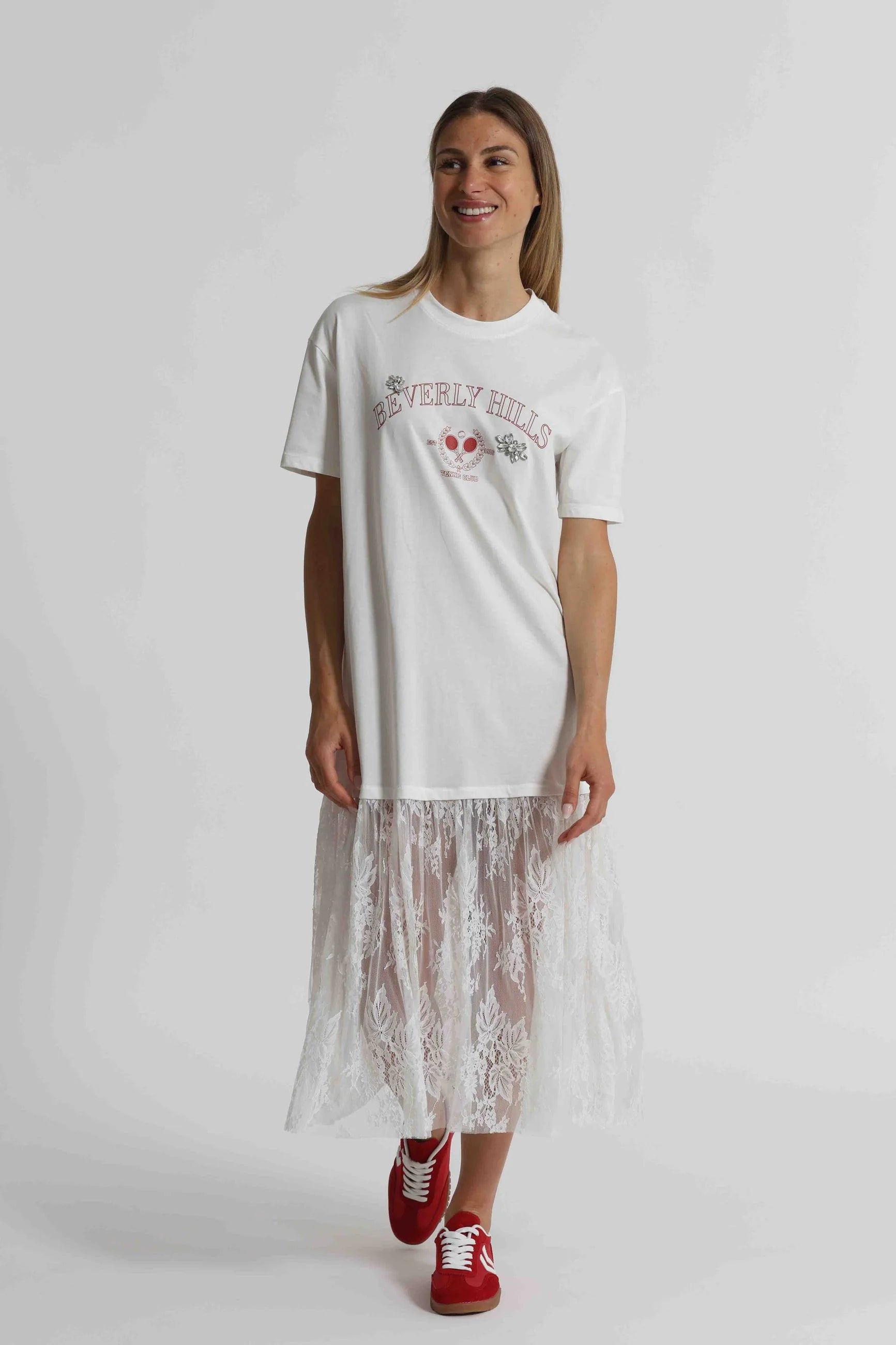 Abito donna stile t shirt con stampa frontale e gonna in pizzo