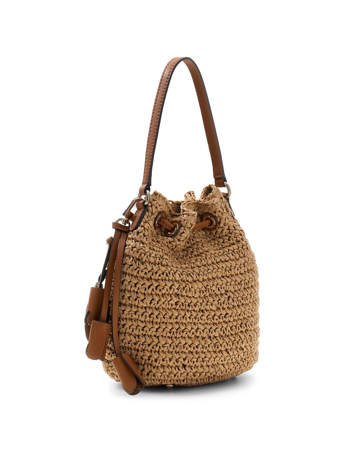 Borsa secchiello Guess donna intrecciata con logo e charm NATURALE/COGNAC TU | Giò Fashion