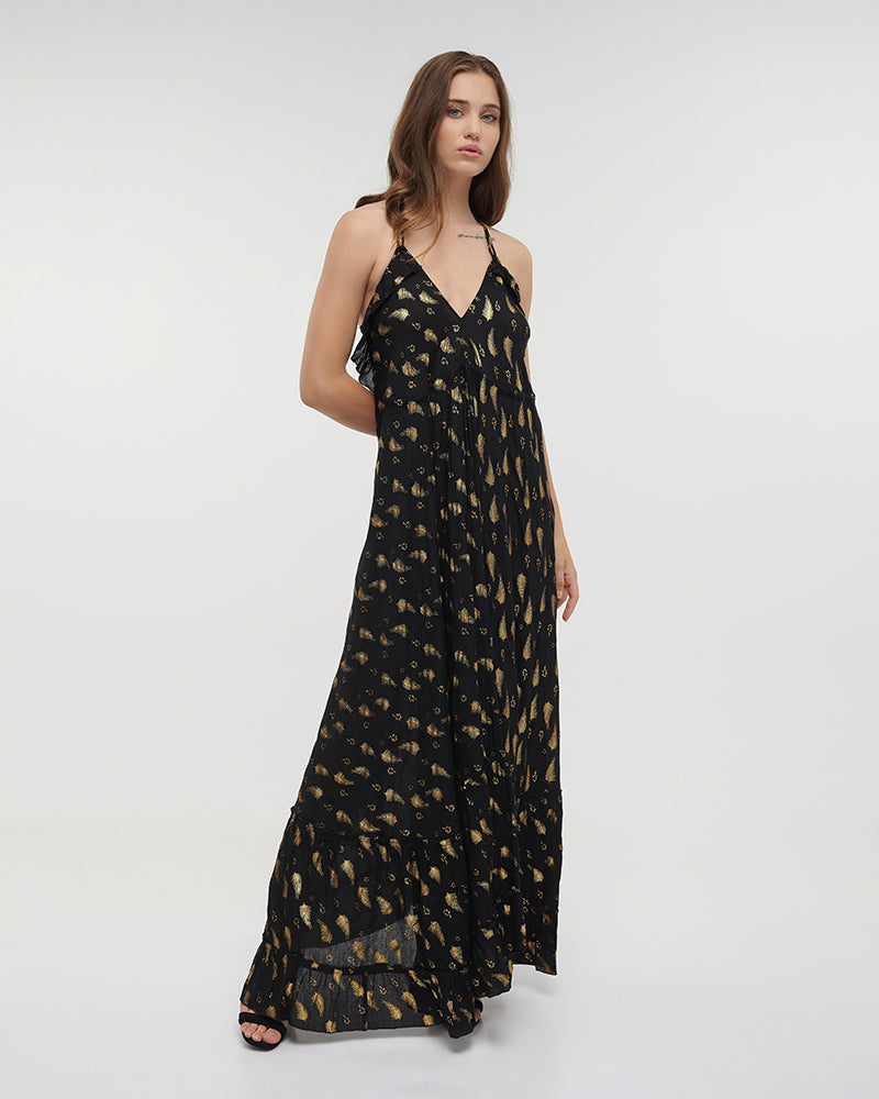 Ble Resort Collection Abito Lungo con Schiena Scoperta con Stampe e Volant