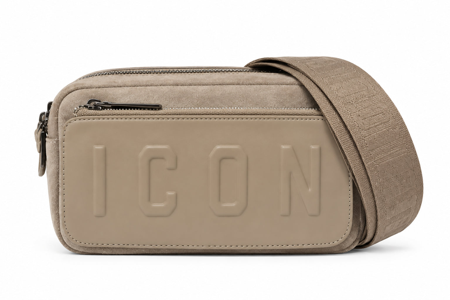Camera bag effetto scamosciato con tasca frontale e logo impresso
