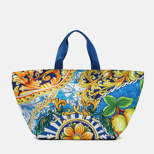 Borsa shopper grande Y Not stampa siciliana AZZURRO TU | Giò Fashion