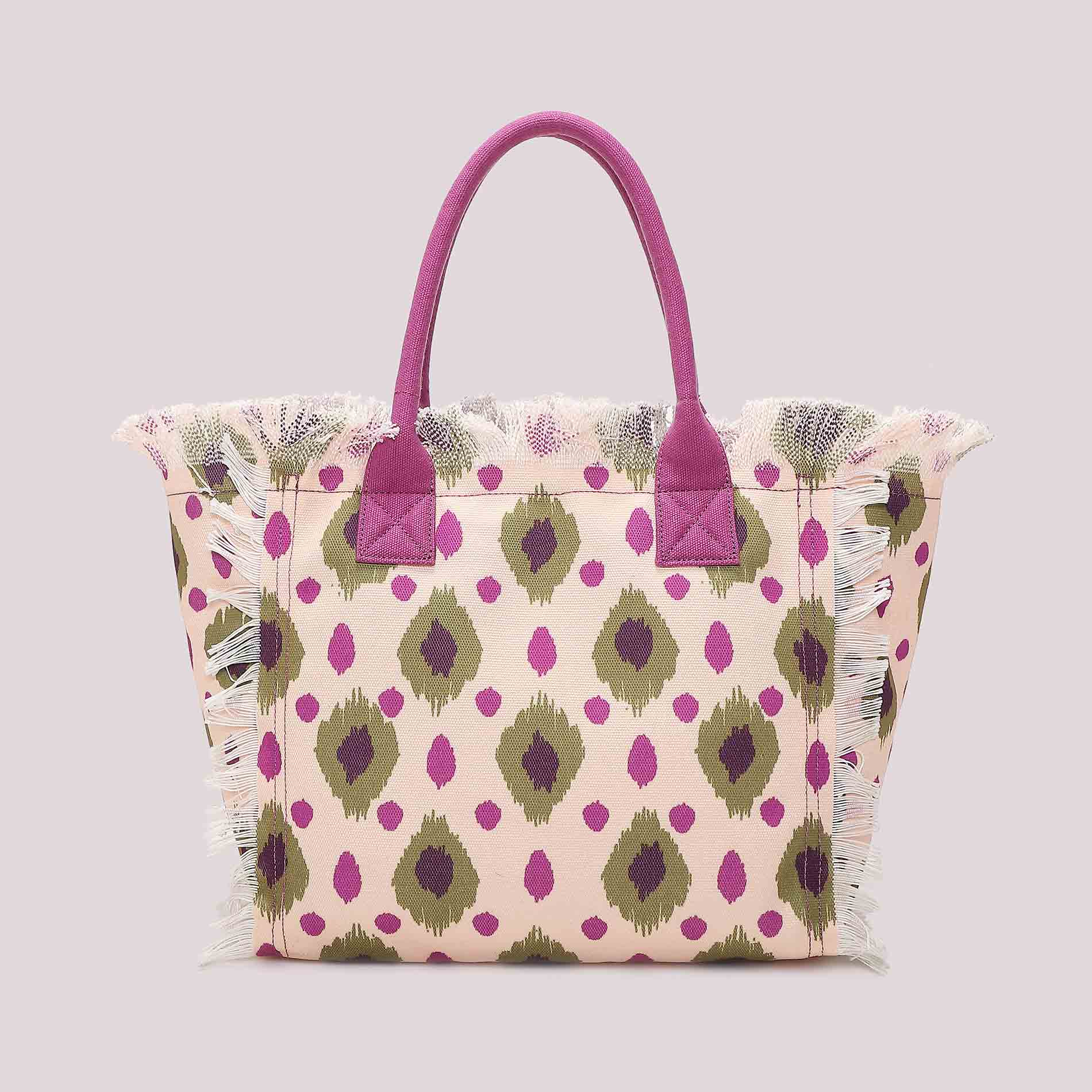 Mimi Mua borsa mare in tessuto con frange e stampa logo Viola TU | Giò Fashion