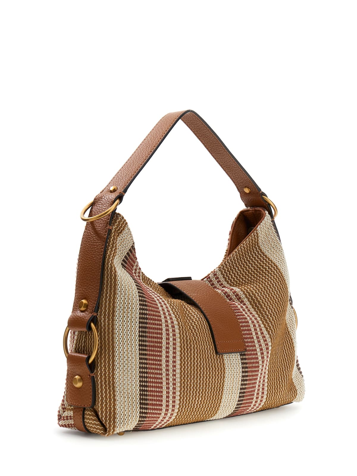 Borsa a spalla Guess donna in tessuto intrecciato a righe con logo frontale COGNAC MULTI TU | Giò Fashion