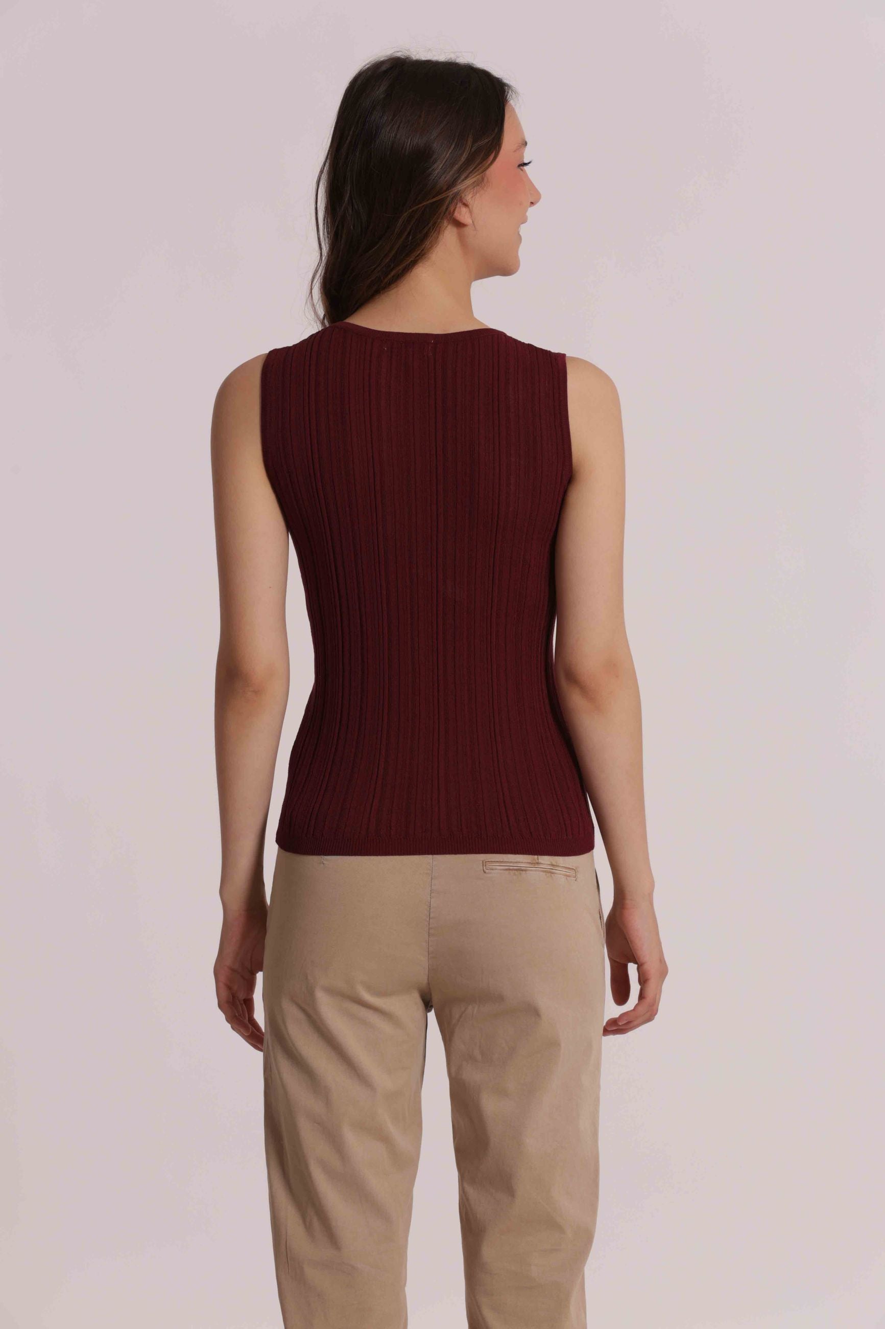 Mimi Mua top donna smanicato in maglia a coste girocollo BORDEAUX S | Giò Fashion