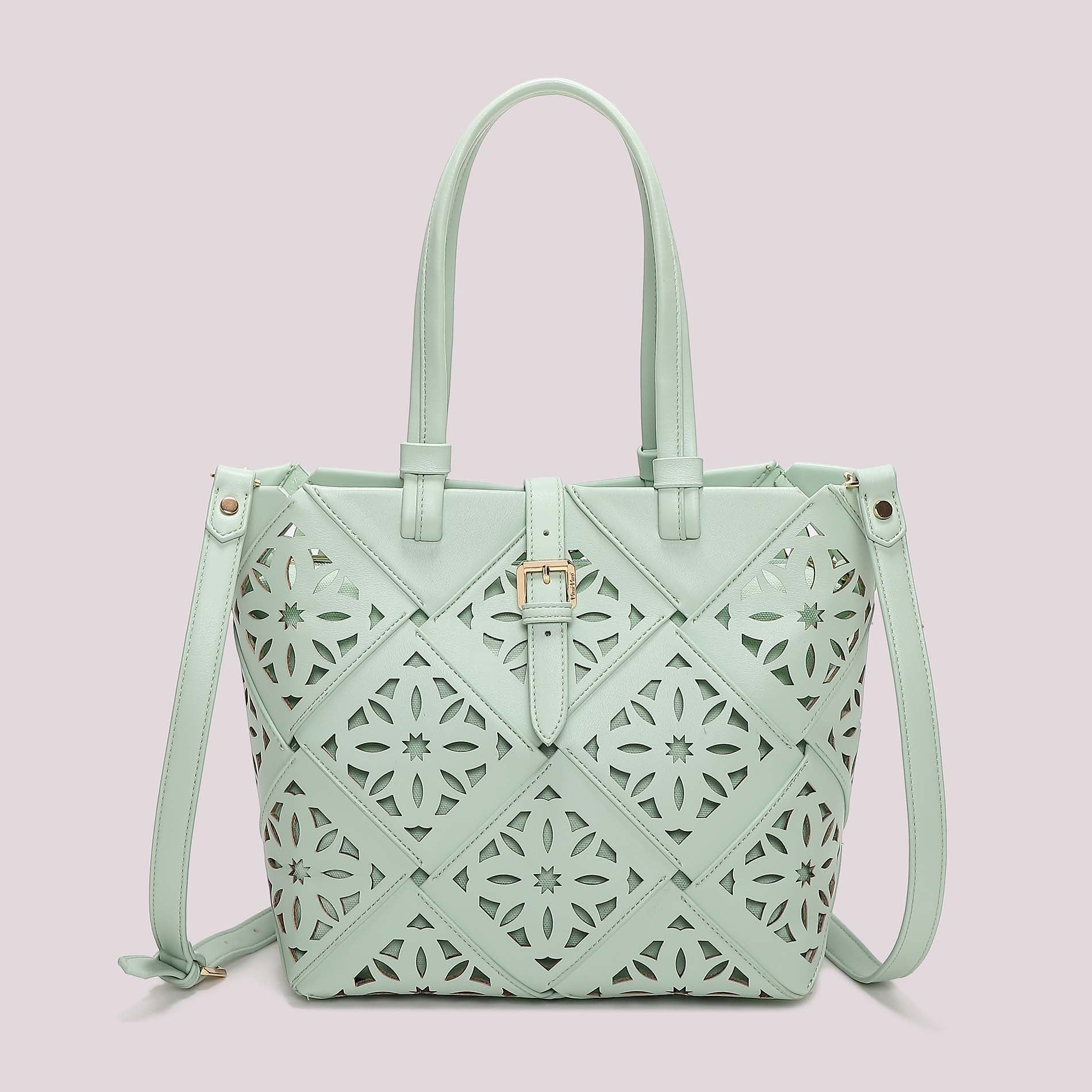 Borsa tote donna Mimi Mua traforata con manici lunghi e tracolla VERDE ACQUA TU | Giò Fashion