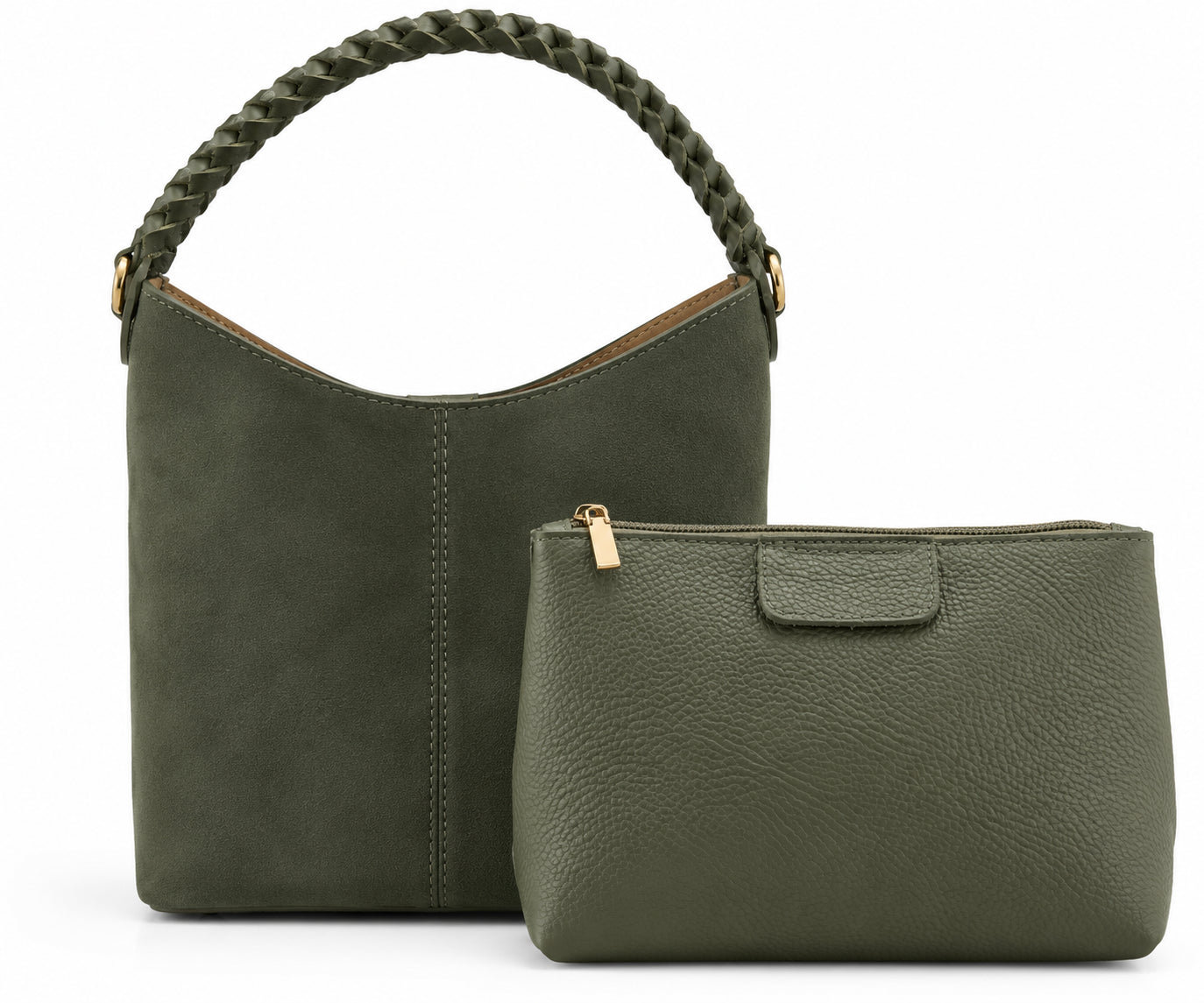 Borsa Vera Pelle in Camoscio Cuoio con Manico Intrecciato, Tracolla e Pochette