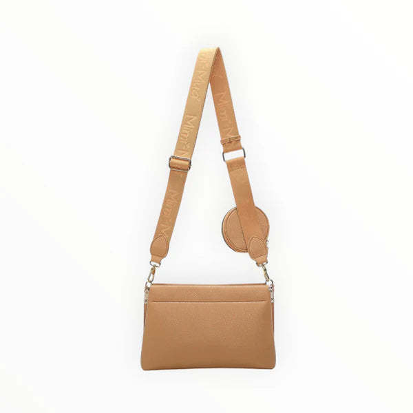 Mimi Mua borsa a tracolla con logo inciso e pouch coordinata