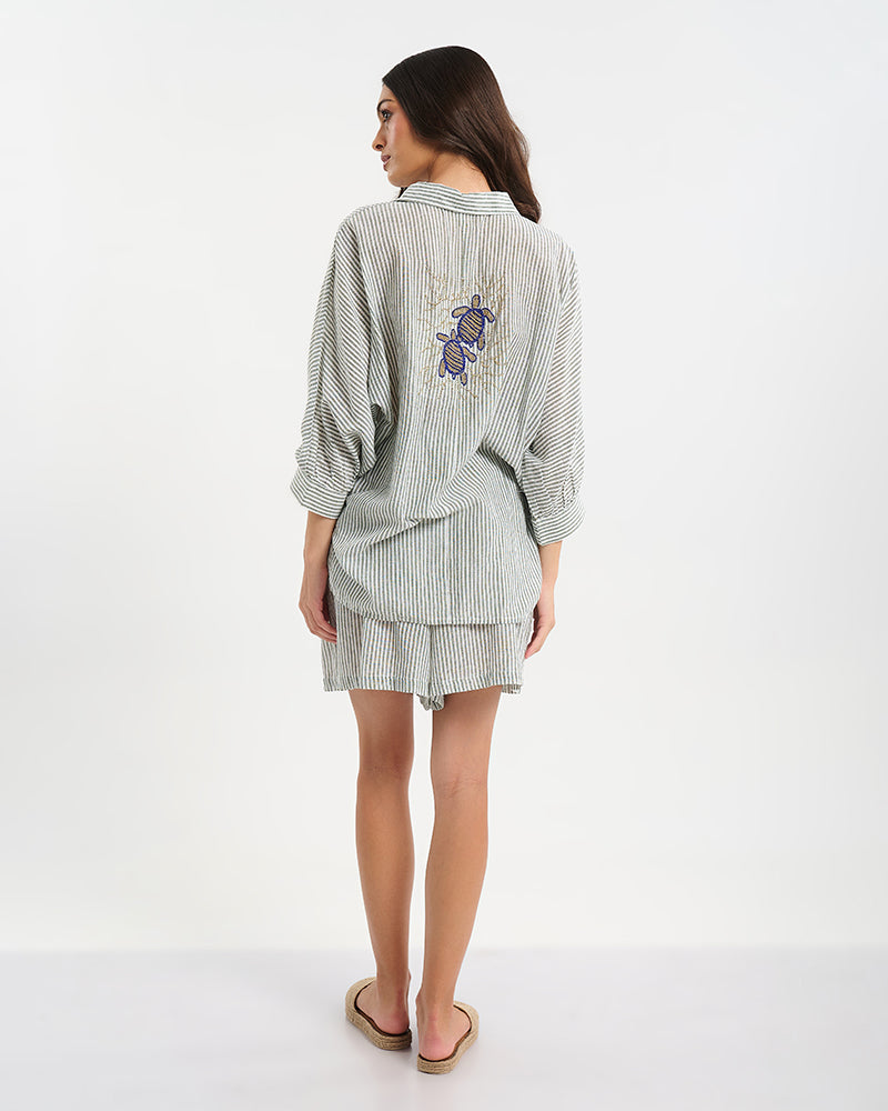 Ble Resort Collection Set Camicia e Shorts a Righe con Ricamo