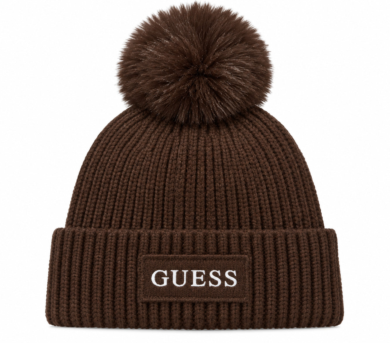 Cappello in Maglia a Coste con Pompon e Logo Frontale