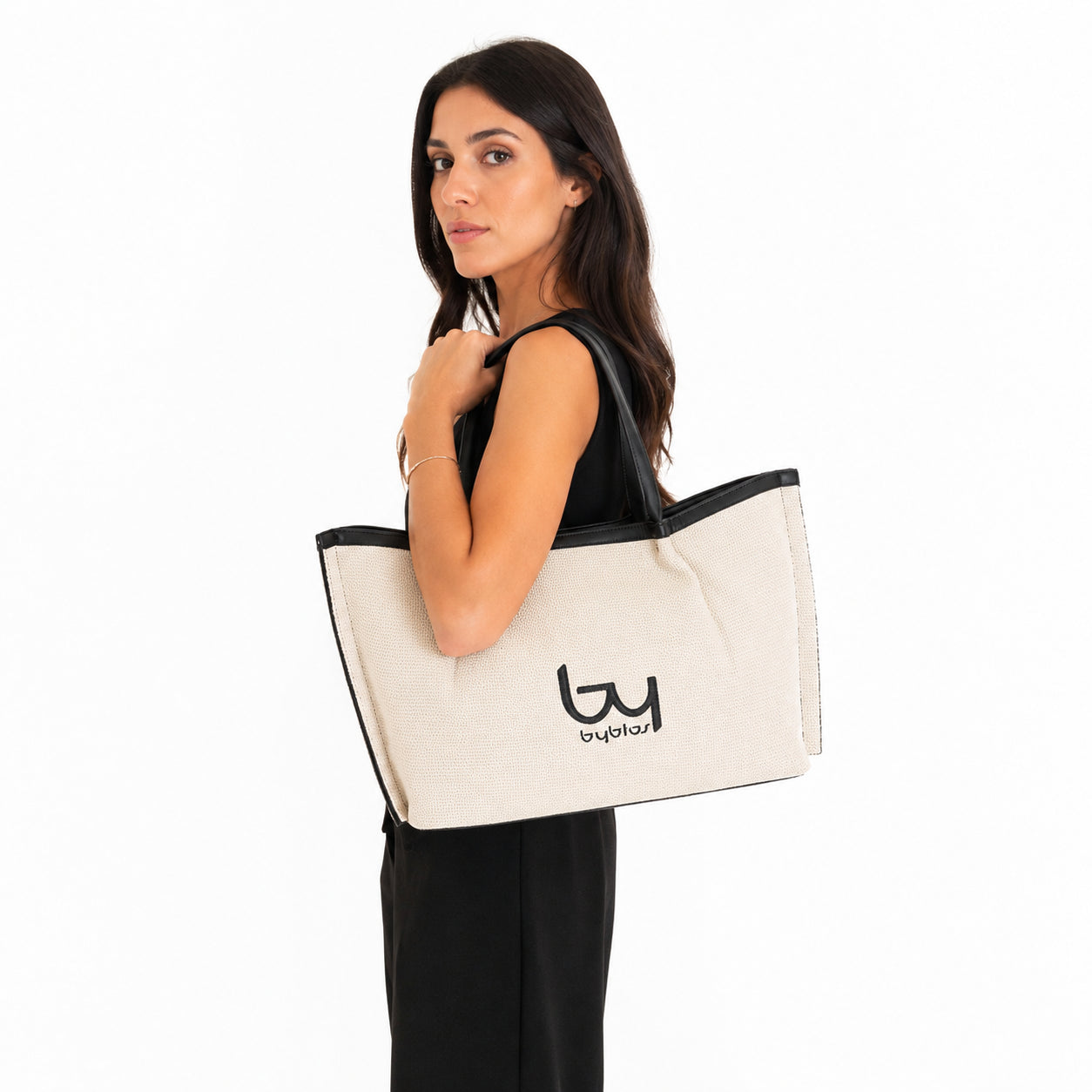 Borsa shopping Byblos donna in tessuto con logo frontale e manici a spalla