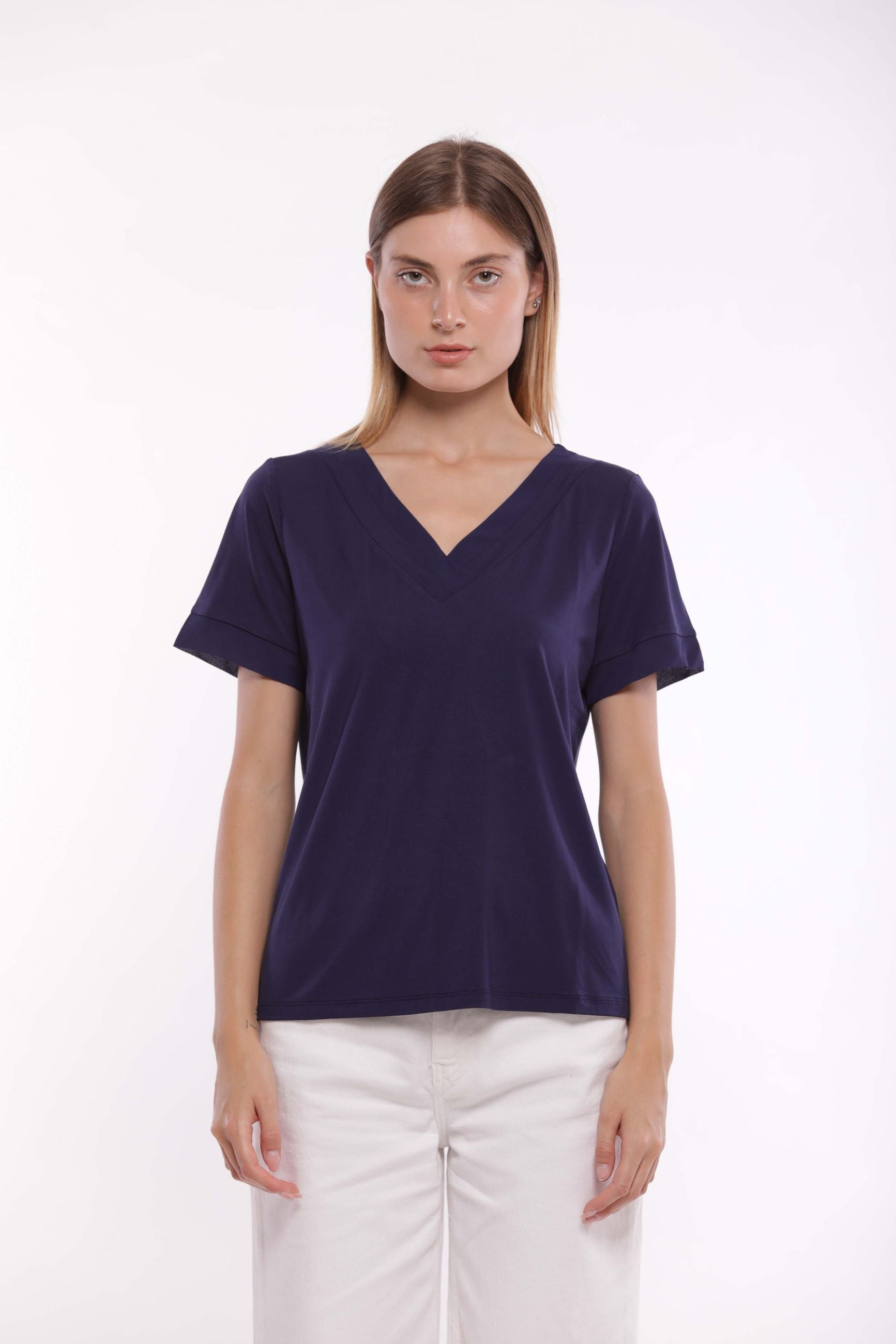 T-shirt Mimi Mua scollo a V con dettagli in georgette