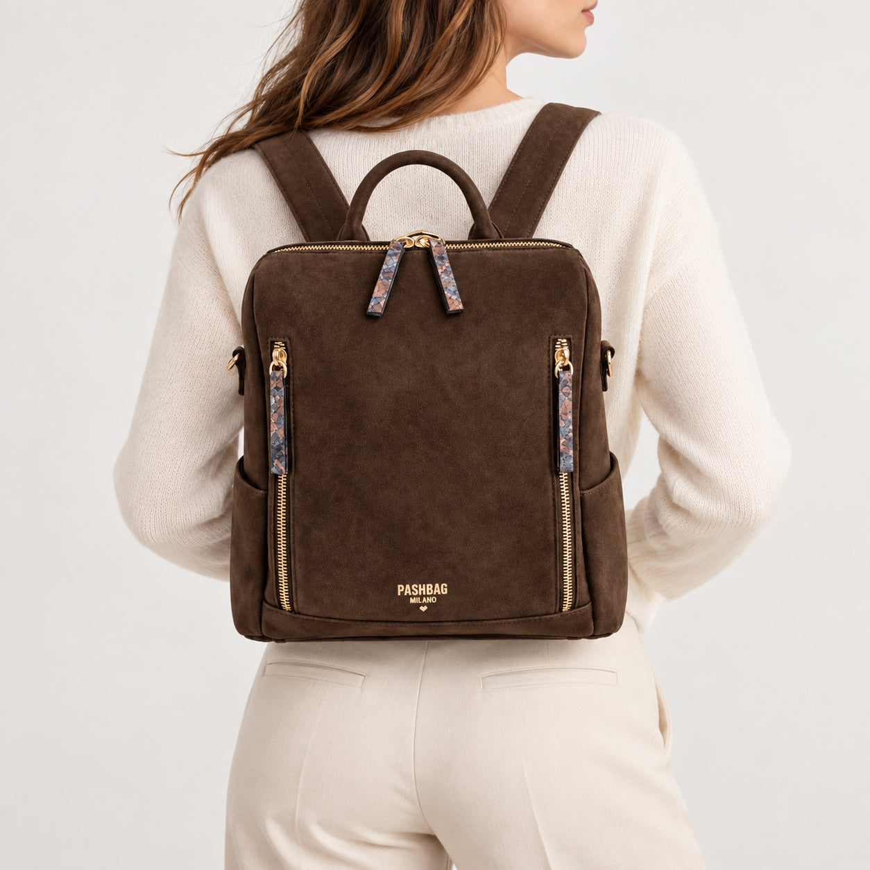PashBag Zaino Donna Effetto Scamosciato con Tasche Zip