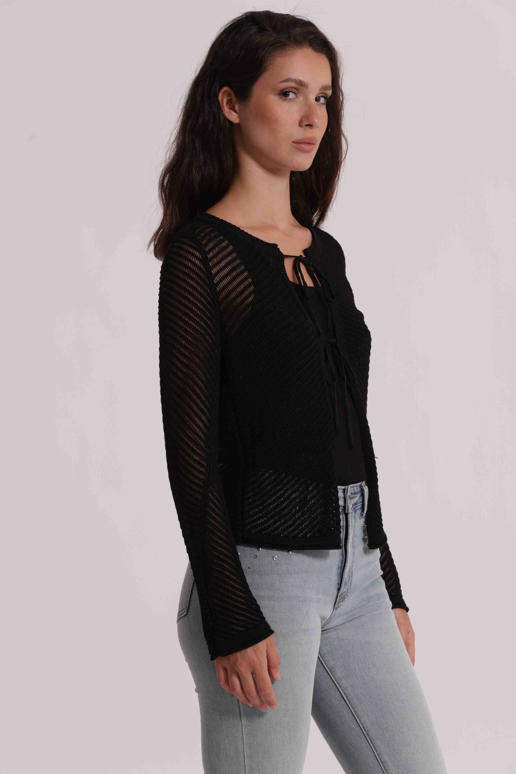 Mimi Mua cardigan donna traforato con lacci frontali stile leggero Nero S | Giò Fashion