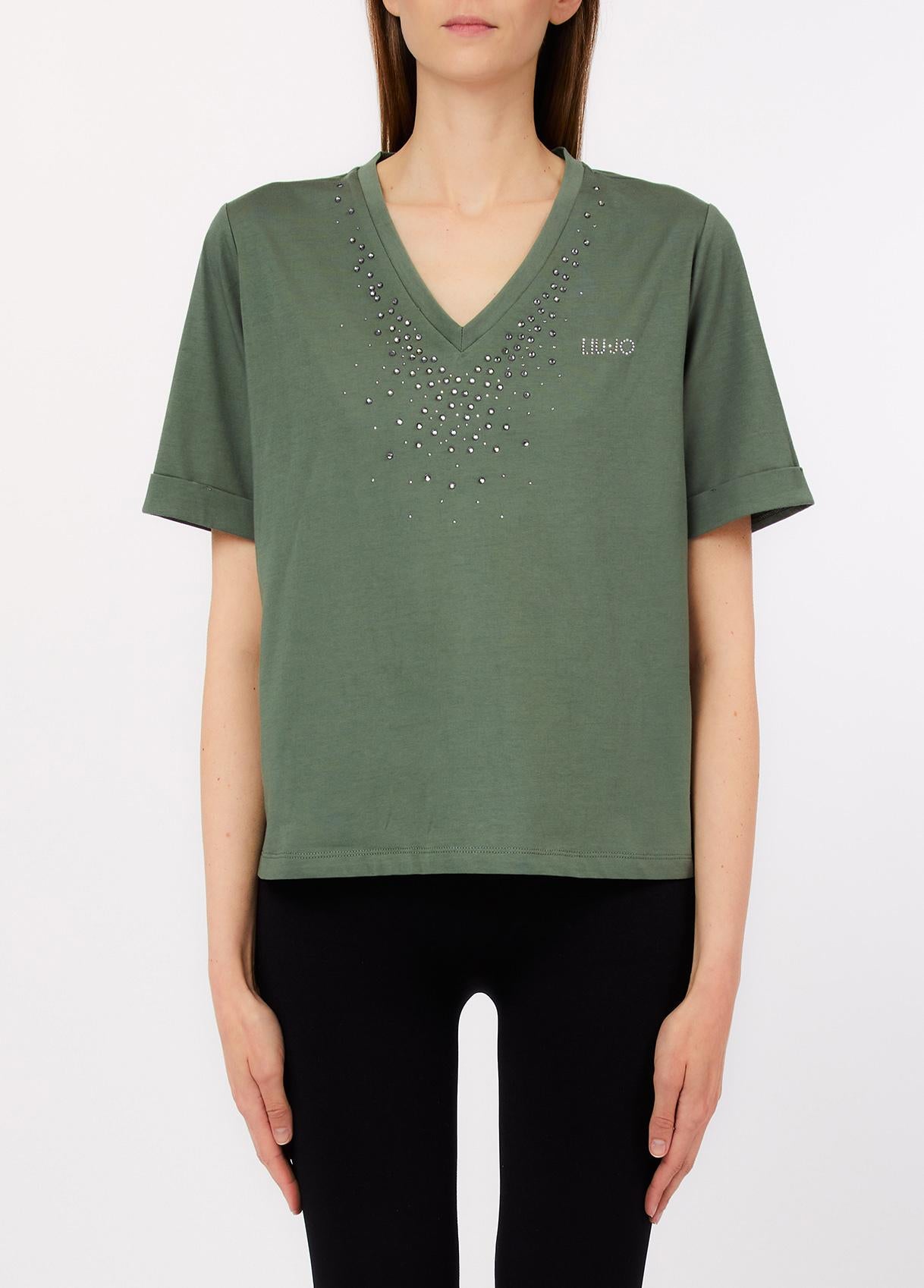 T shirt Liu Jo donna con scollo a V e applicazioni luminose Nero S | Giò Fashion