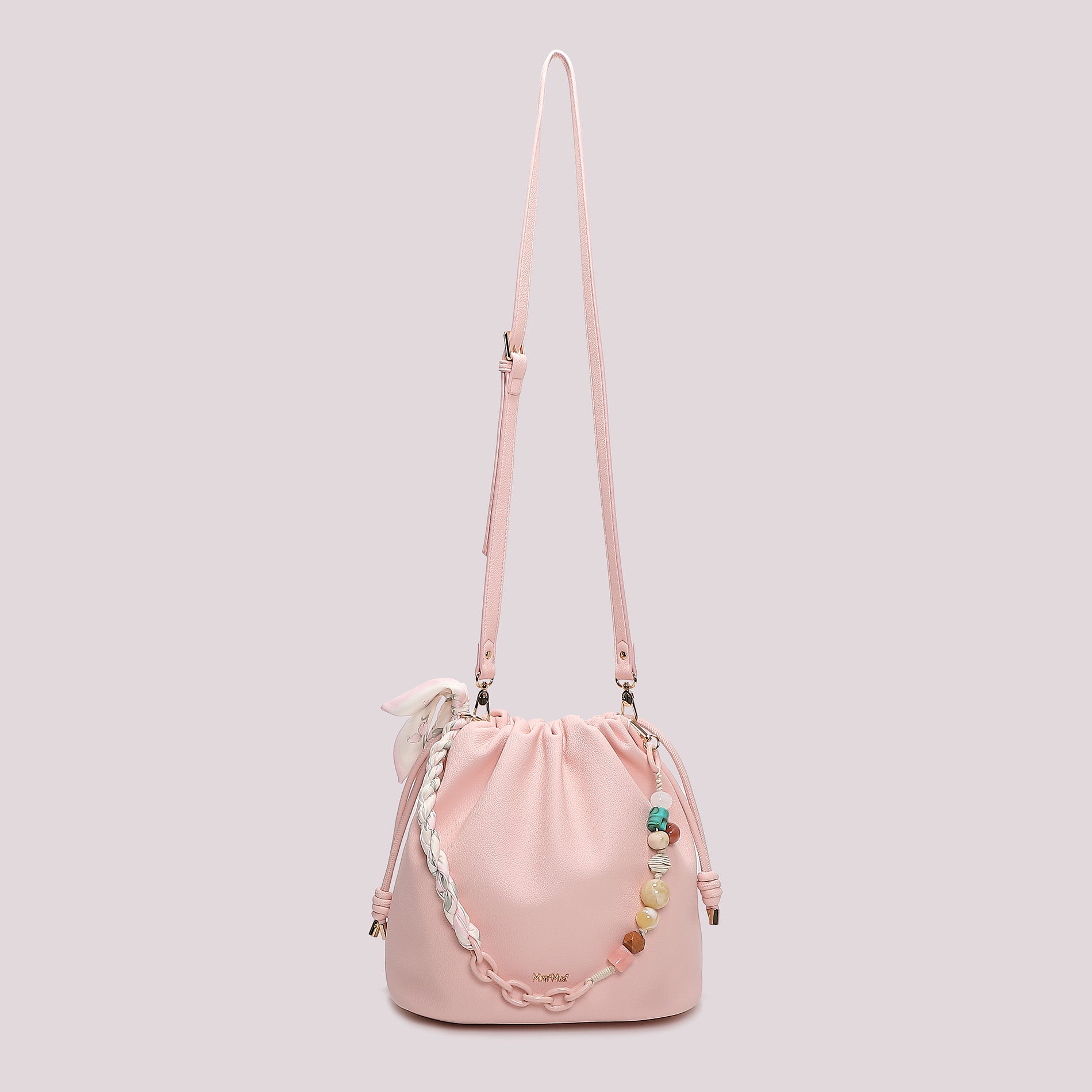 Borsa tracolla Mimi Mua a secchiello con coulisse e charm decorativi Rosa TU | Giò Fashion