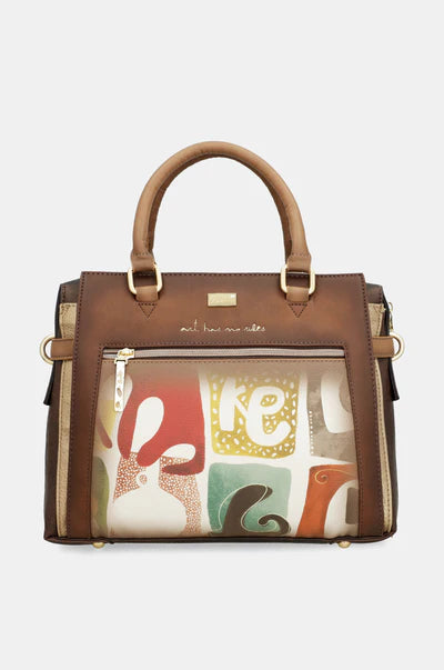Borsa a mano Anekke con tracolla removibile e stampa artistica frontale Marrone TU | Giò Fashion