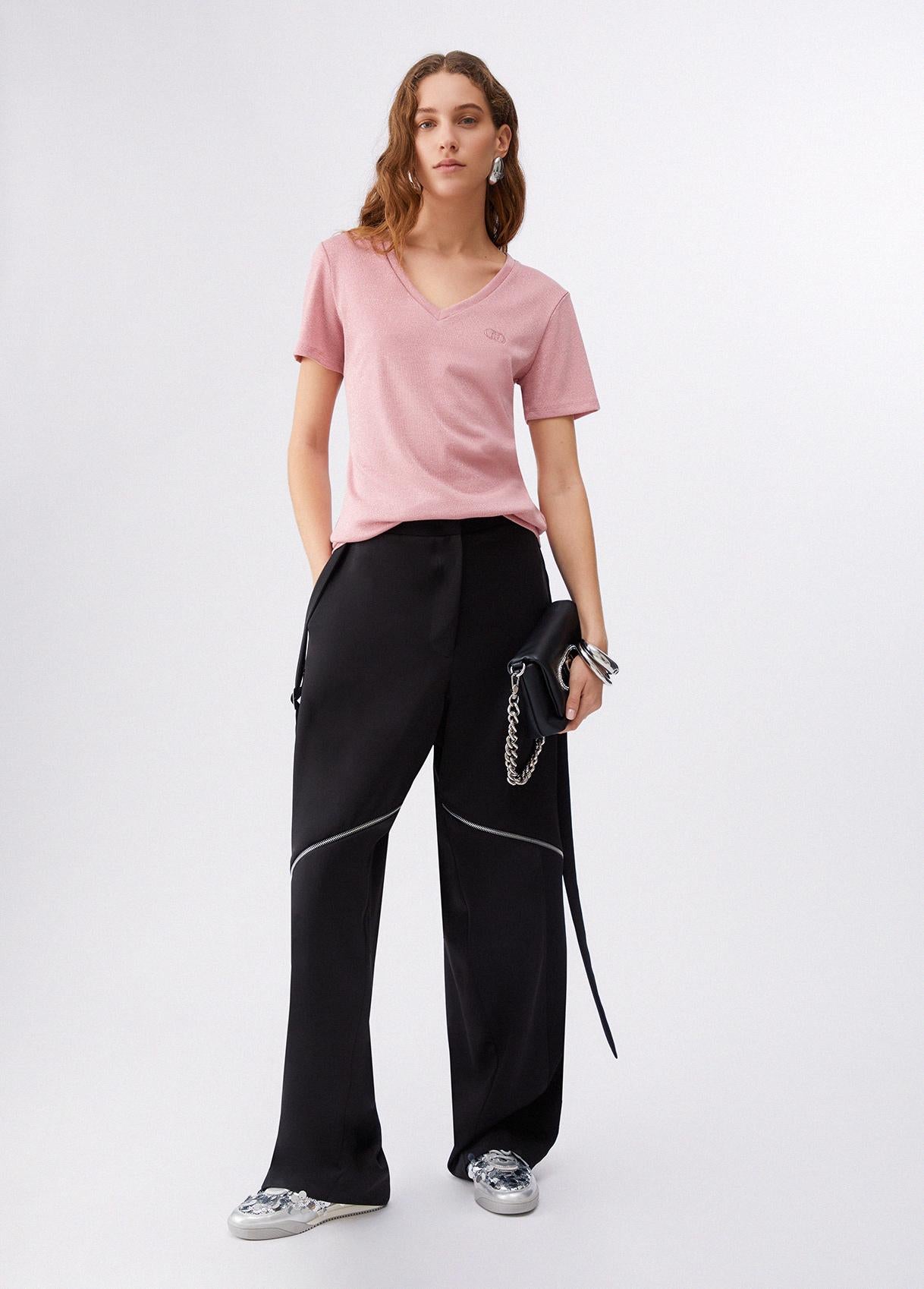 T shirt Liu Jo donna con scollo a V e logo ricamato Rosa S | Giò Fashion