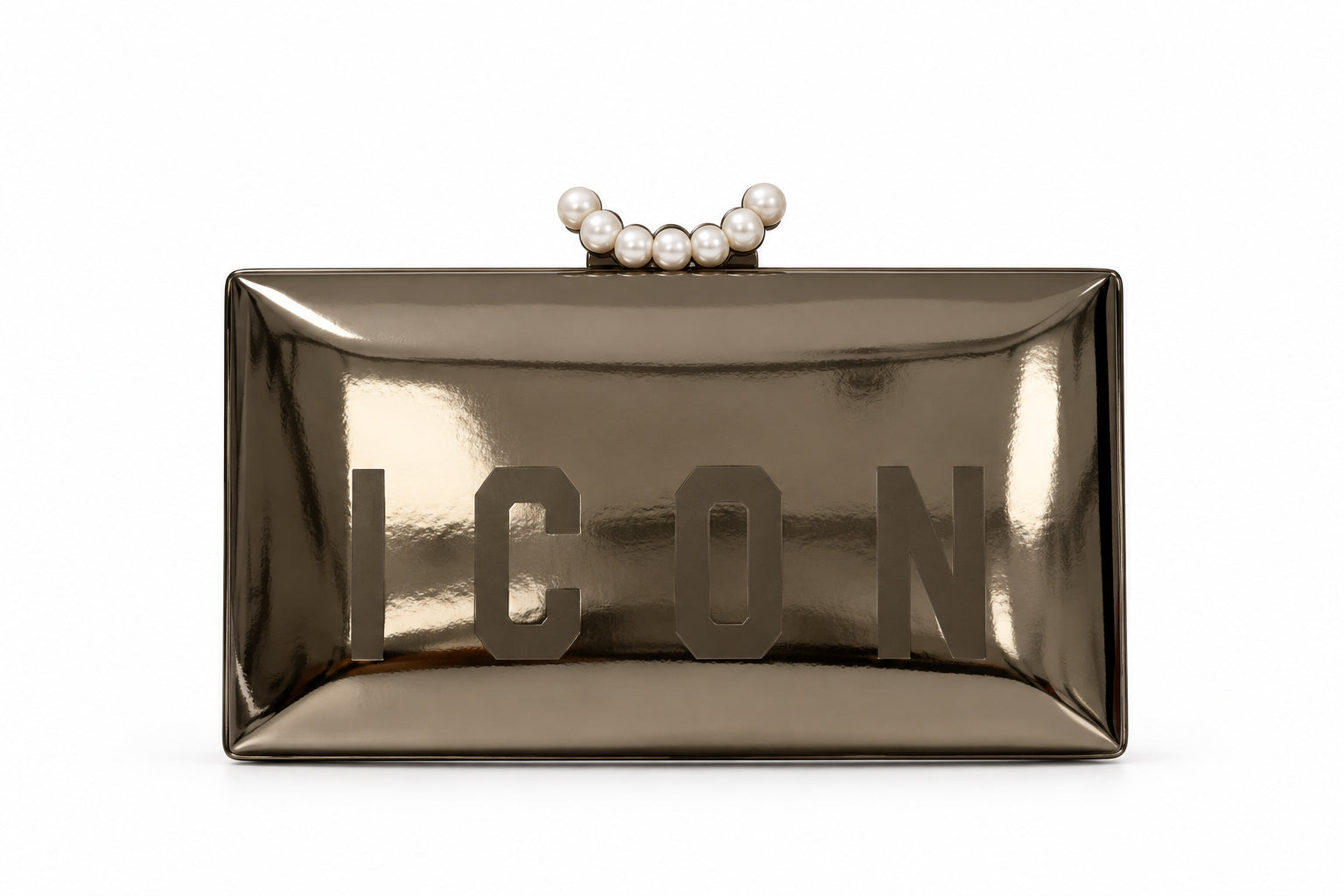 Pochette rigida effetto specchio con logo e chiusura gioiello