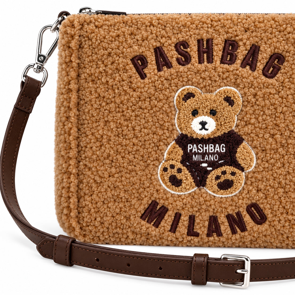 PashBag Borsa a Tracolla Effetto Peluche con Orsetto Ricamato