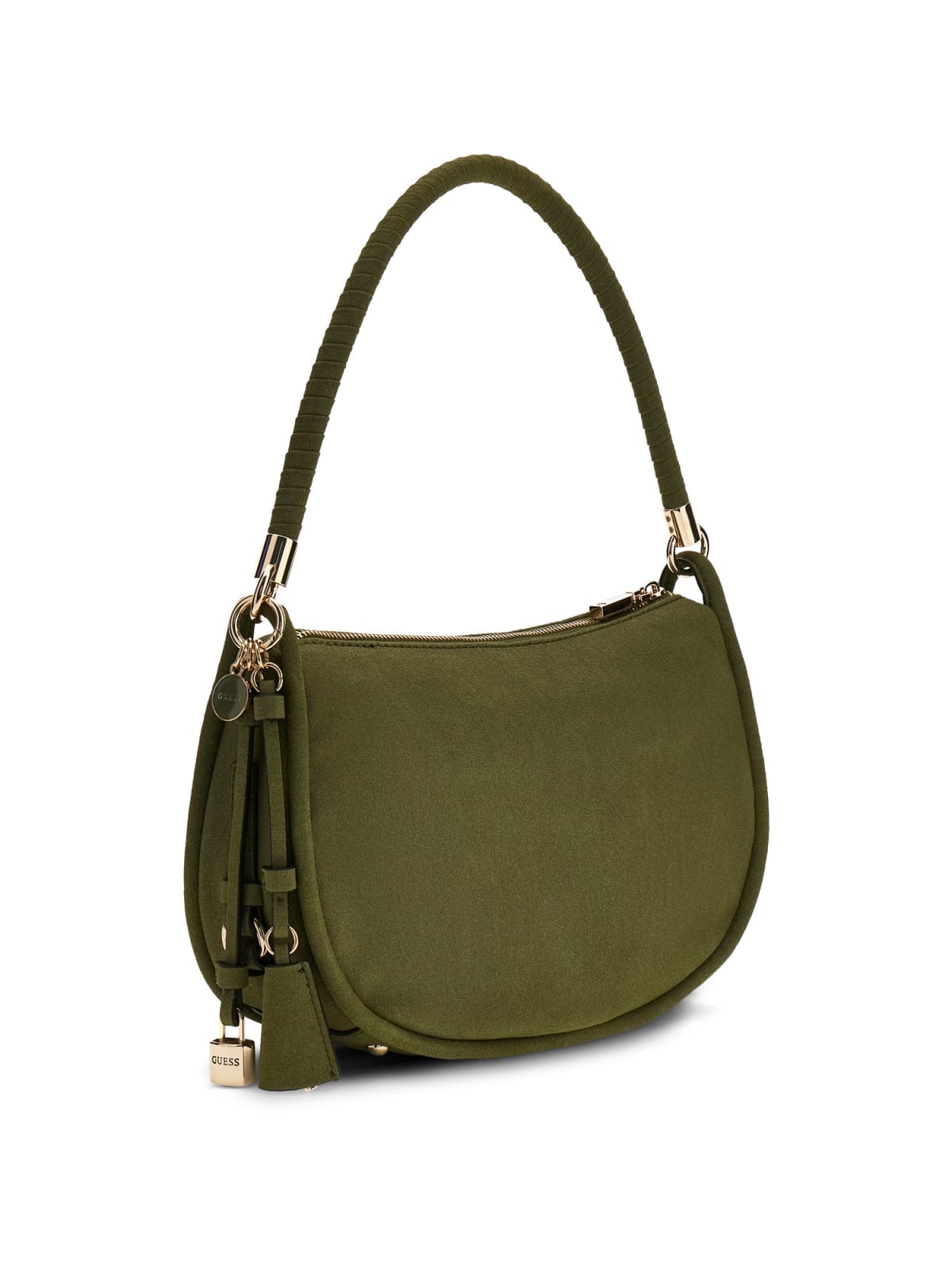 Borsa a spalla Guess donna effetto suede con logo e charm OLIVA TU | Giò Fashion