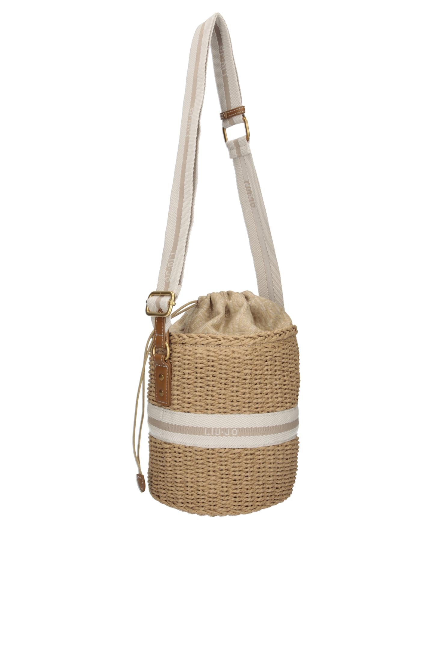 Borsa a tracolla Liu Jo effetto paglia con dettagli denim e logo Cream TU | Giò Fashion