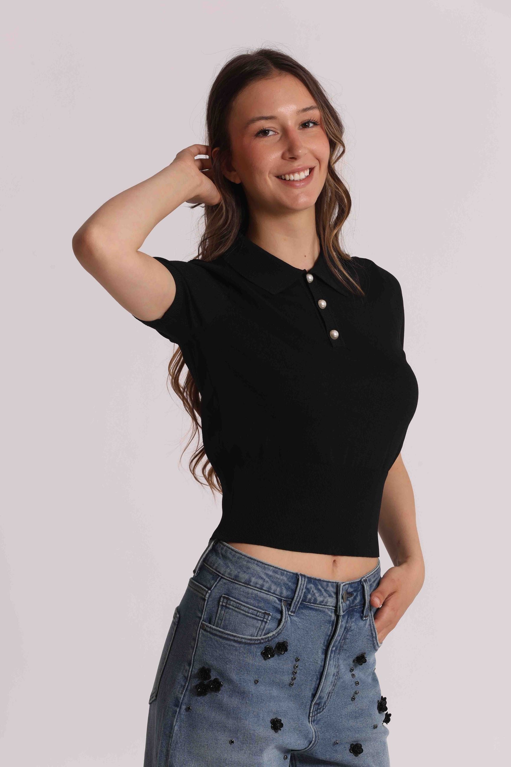 Polo donna Mimi Mua manica corta con colletto e chiusura a bottoni elegante Nero L | Giò Fashion