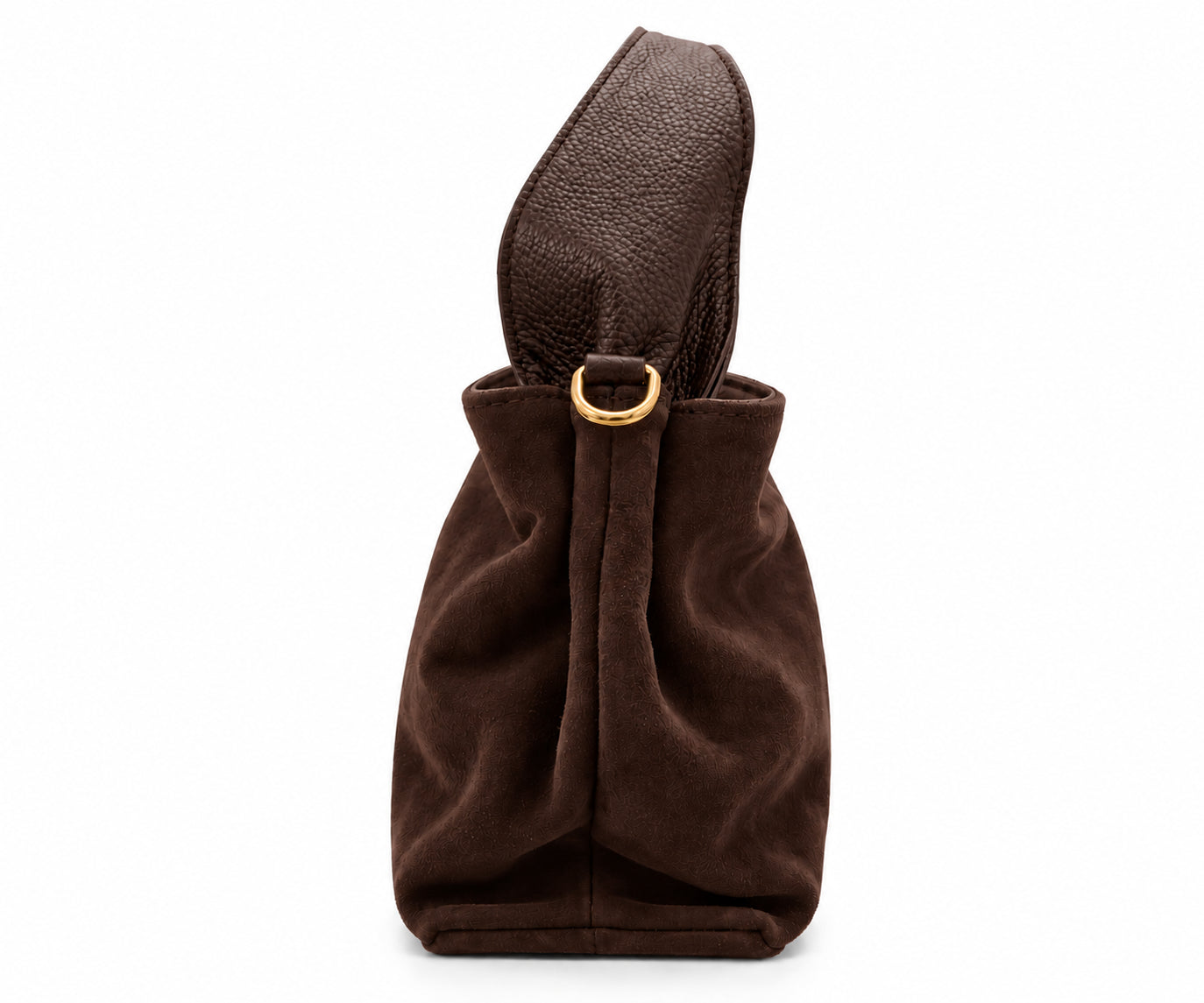 Borsa a Mano Vera Pelle in Camoscio Nero con Manici in Pelle Martellata