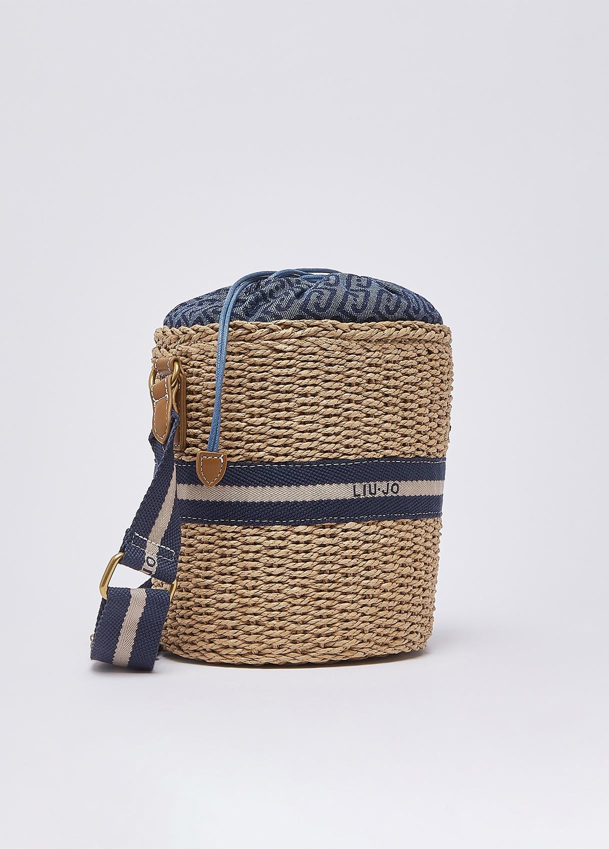 Borsa a tracolla Liu Jo effetto paglia con dettagli denim e logo Blu TU | Giò Fashion