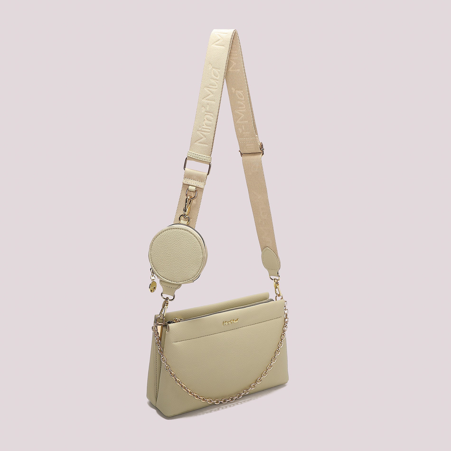 Mimi Mua borsa a tracolla con logo inciso e pouch coordinata VERDE TU | Giò Fashion
