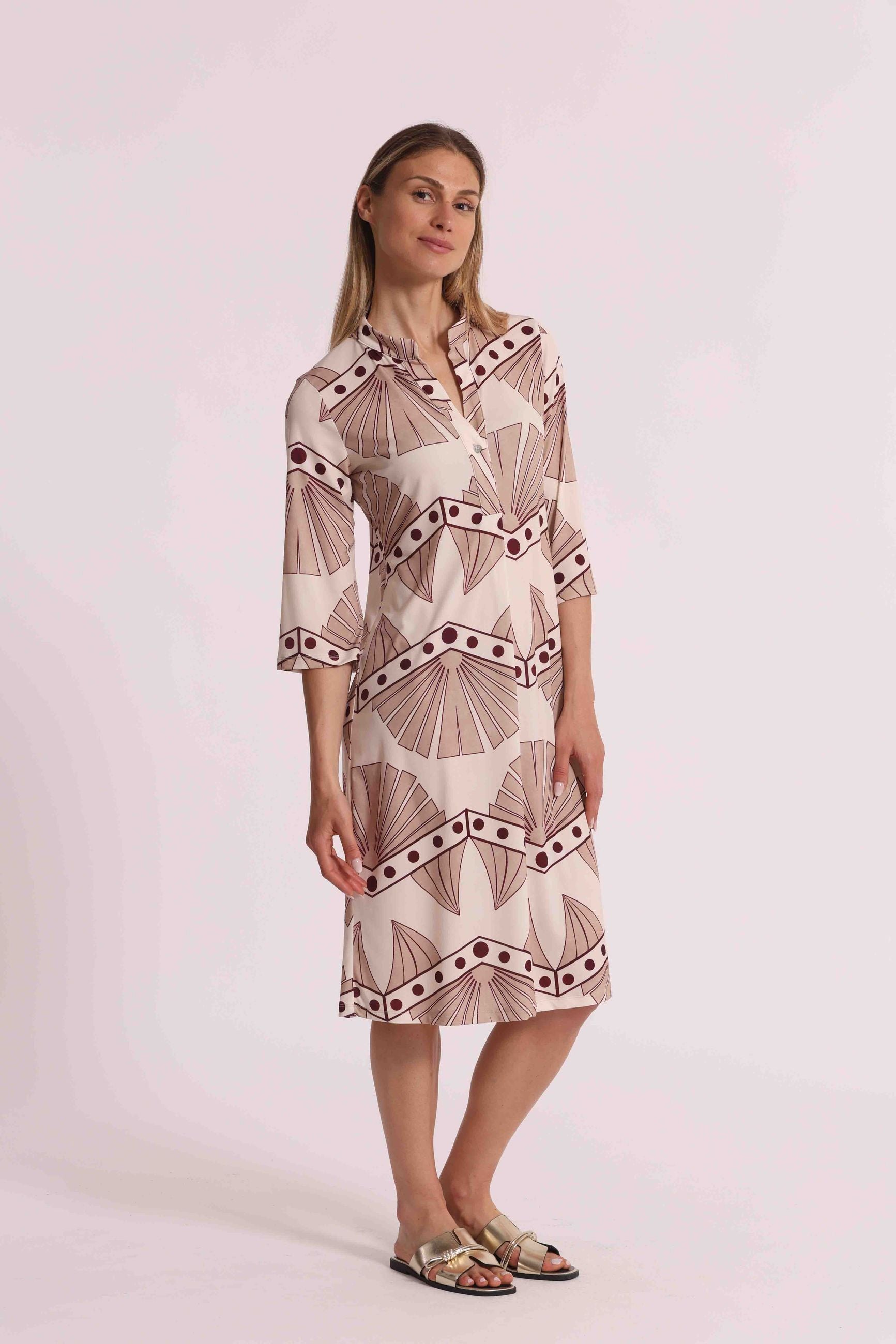 Abito donna Mimi Mua fantasia geometrica con scollo a V e maniche tre quarti