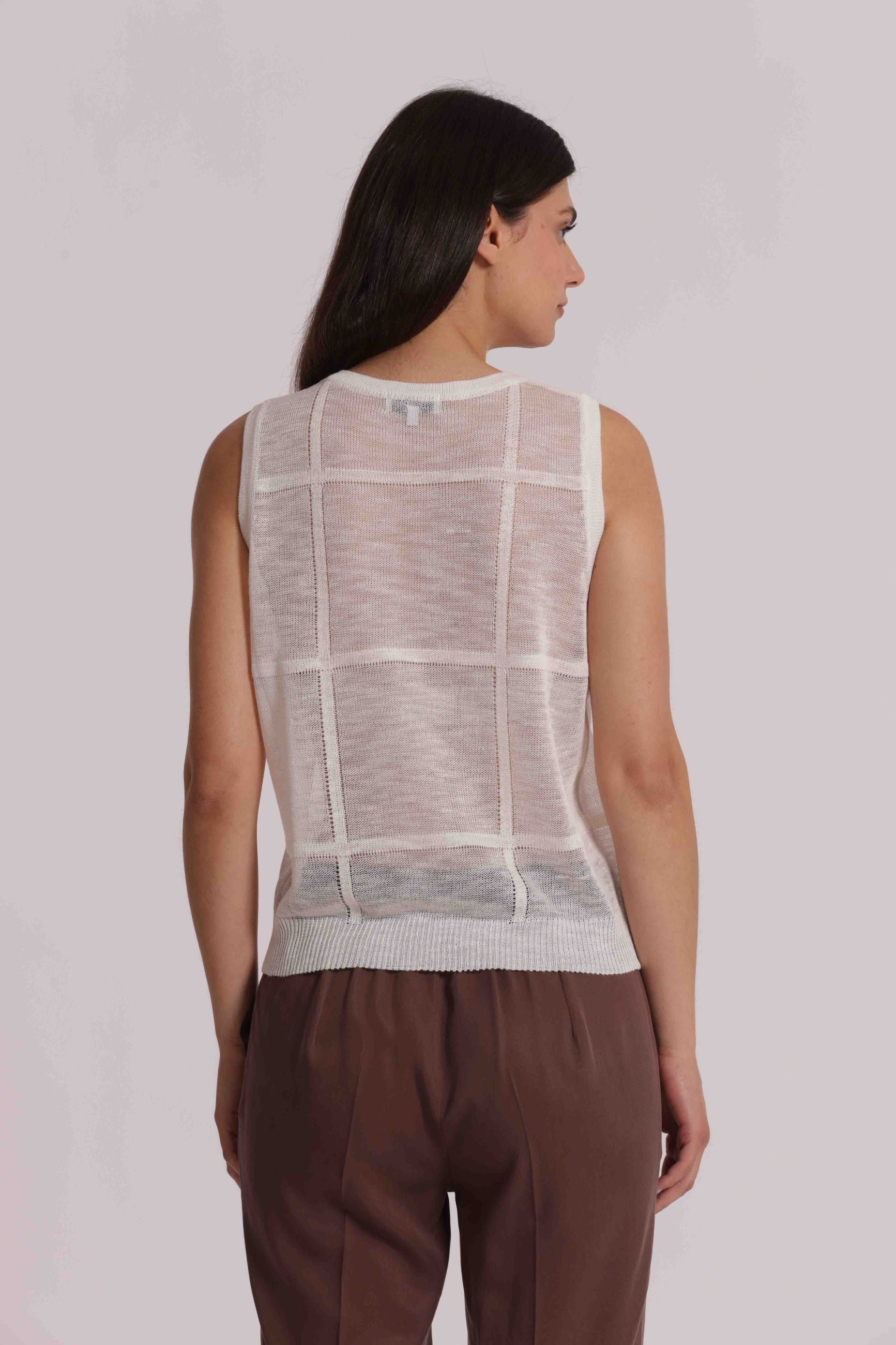 Mimi Mua top donna smanicato trasparente in maglia con inserti PANNA S | Giò Fashion