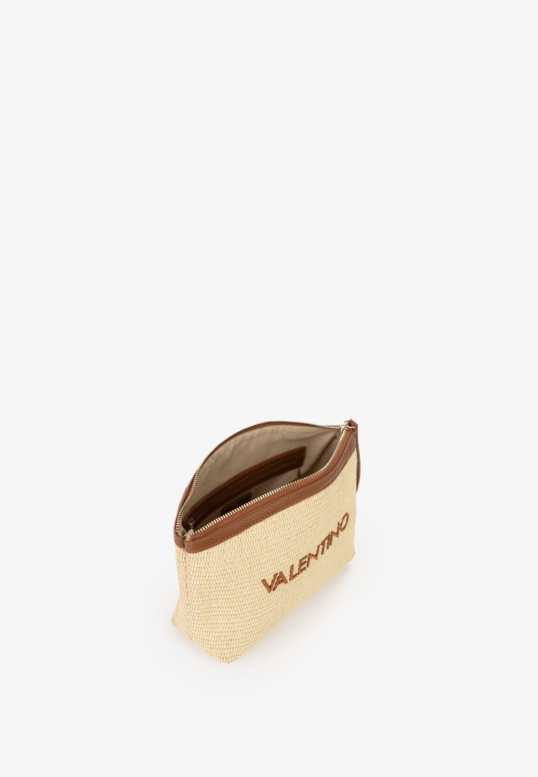 Pochette Mario Valentino in paglia con zip superiore e logo frontale ricamato Cuoio TU | Giò Fashion