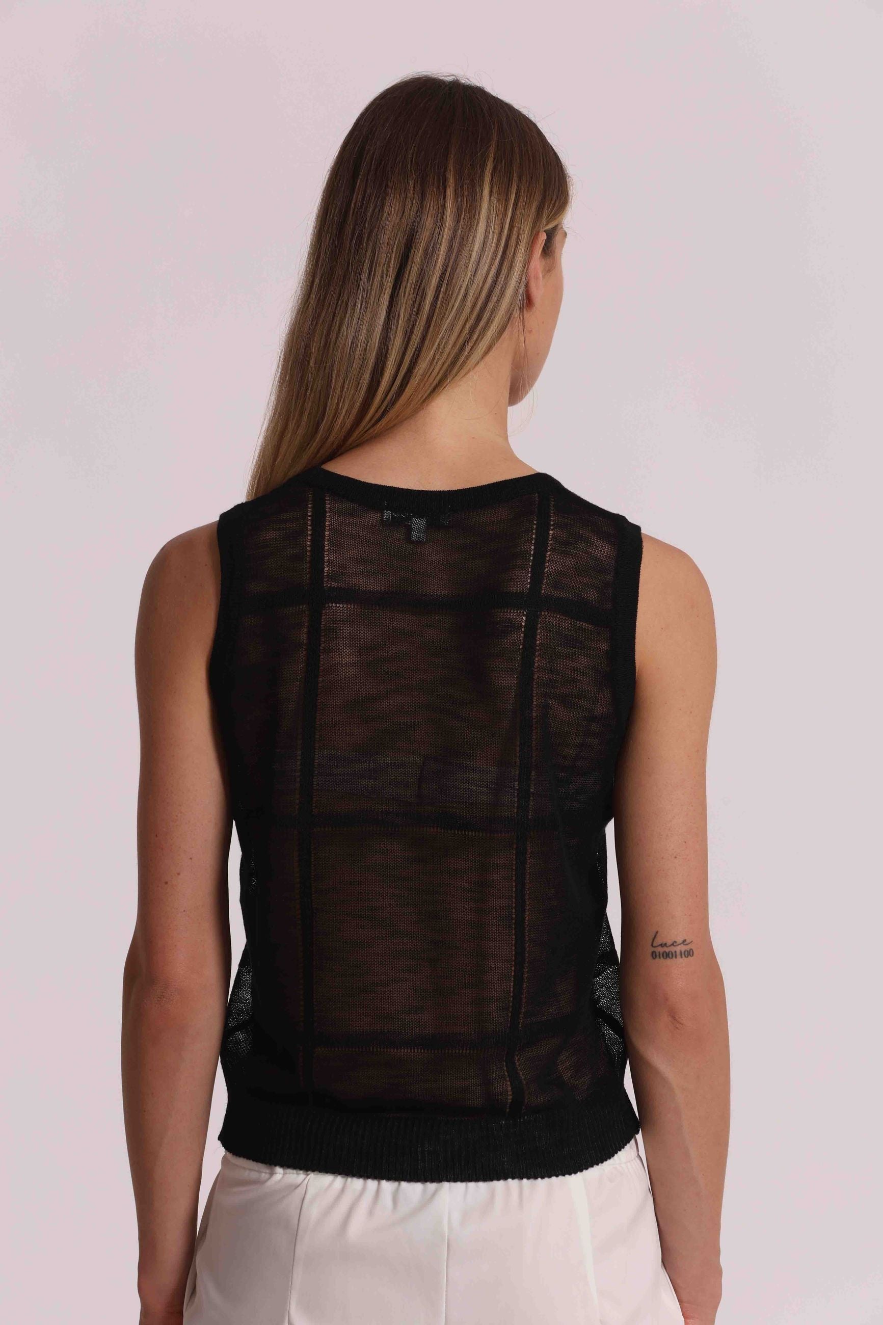 Mimi Mua top donna smanicato trasparente in maglia con inserti Nero M | Giò Fashion