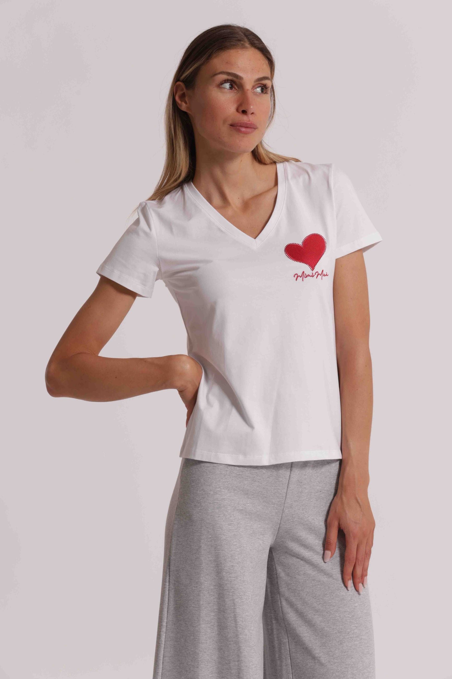 T-shirt donna Mimi Mua con scollo a V e dettaglio grafico frontale Bianco S | Giò Fashion