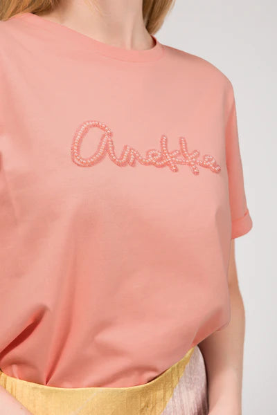 Anekke t shirt donna con scritta frontale luminosa stile casual moderno Rosa S/M | Giò Fashion