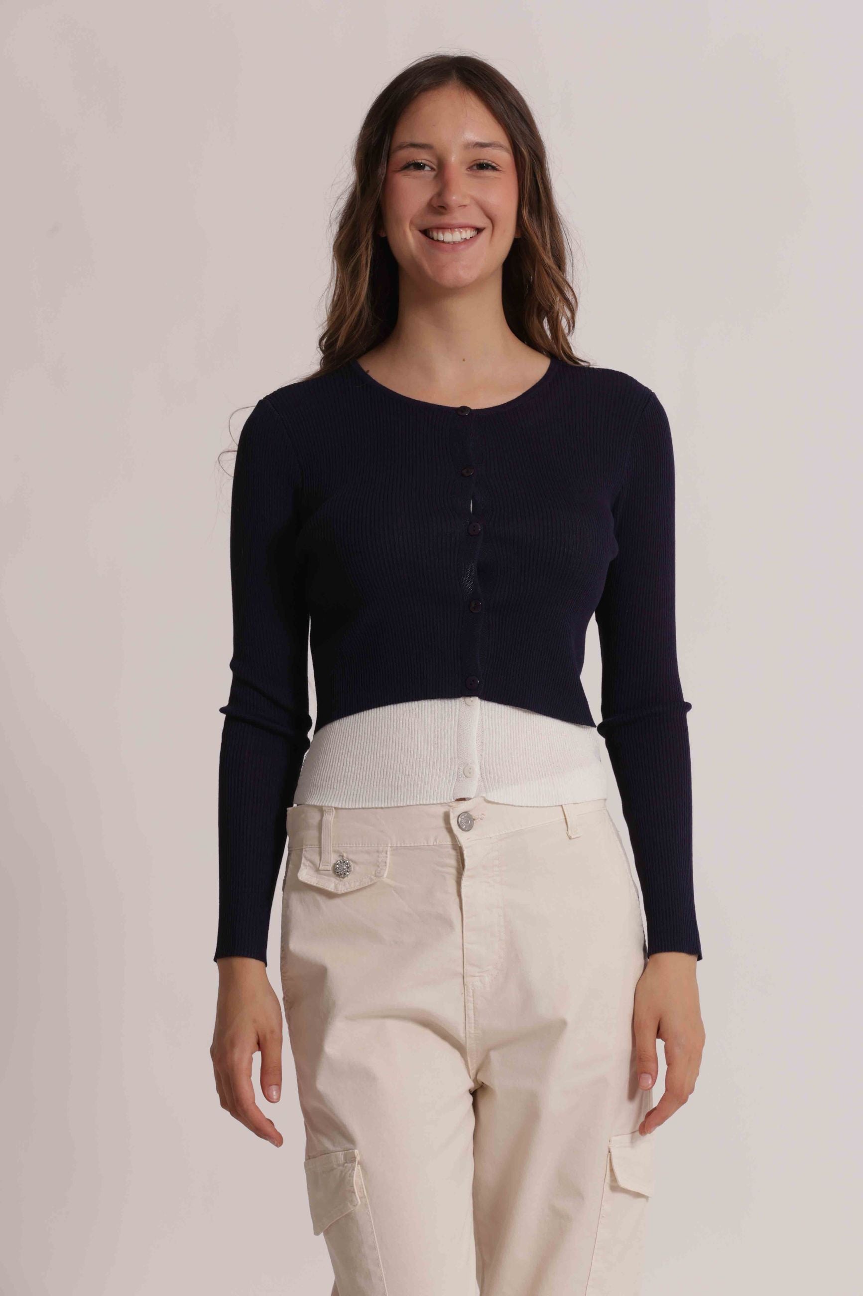 Mimi Mua cardigan donna corto in maglia a coste con bottoni BLU/BIANCO L | Giò Fashion