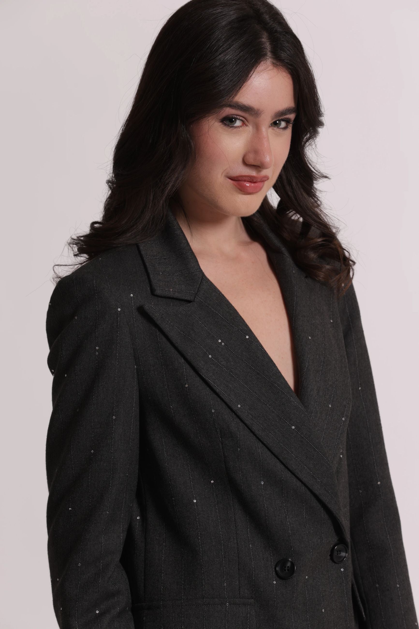 Giacca Lunga Donna Mimì Muà Gessata con Paillettes Elegante